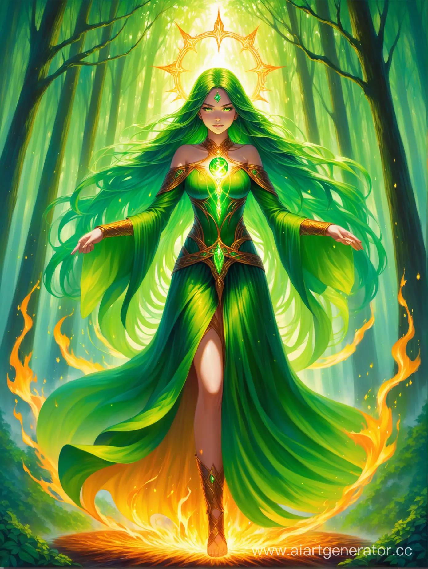 Oil painting,full height,The earth sorceress, wrapped in a halo of green flame, beckons, her eyes blazing with green. Her hair, a cascade of vibrant dark green and yellow, her outfit the color of dark mystical forest, she holds a mystical pendant in the air, Forest dancing around her, power over the element of earth. Her allure is as strong as the hell she wields, drawing you into a world where fire is not only a force of destruction, but also a symbol of wild beauty