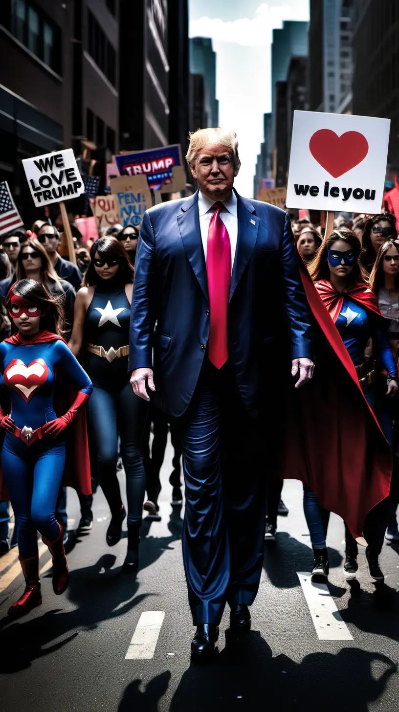 make an image in dark theme where donald trump wearing a superhero costume ,walking through a street filled with people holding1 " we love you trump " sign boards.











