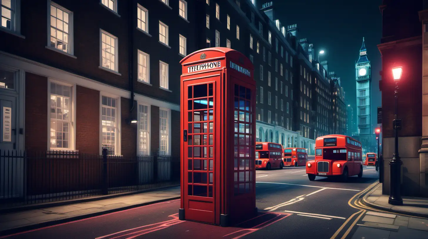 Generate an AI scene capturing the essence of a London street at night. Envision the iconic red telephone booth standing against a backdrop of colorful city lights. Include the dynamic movement of vehicles, creating a vibrant and lively urban atmosphere in the heart of London.