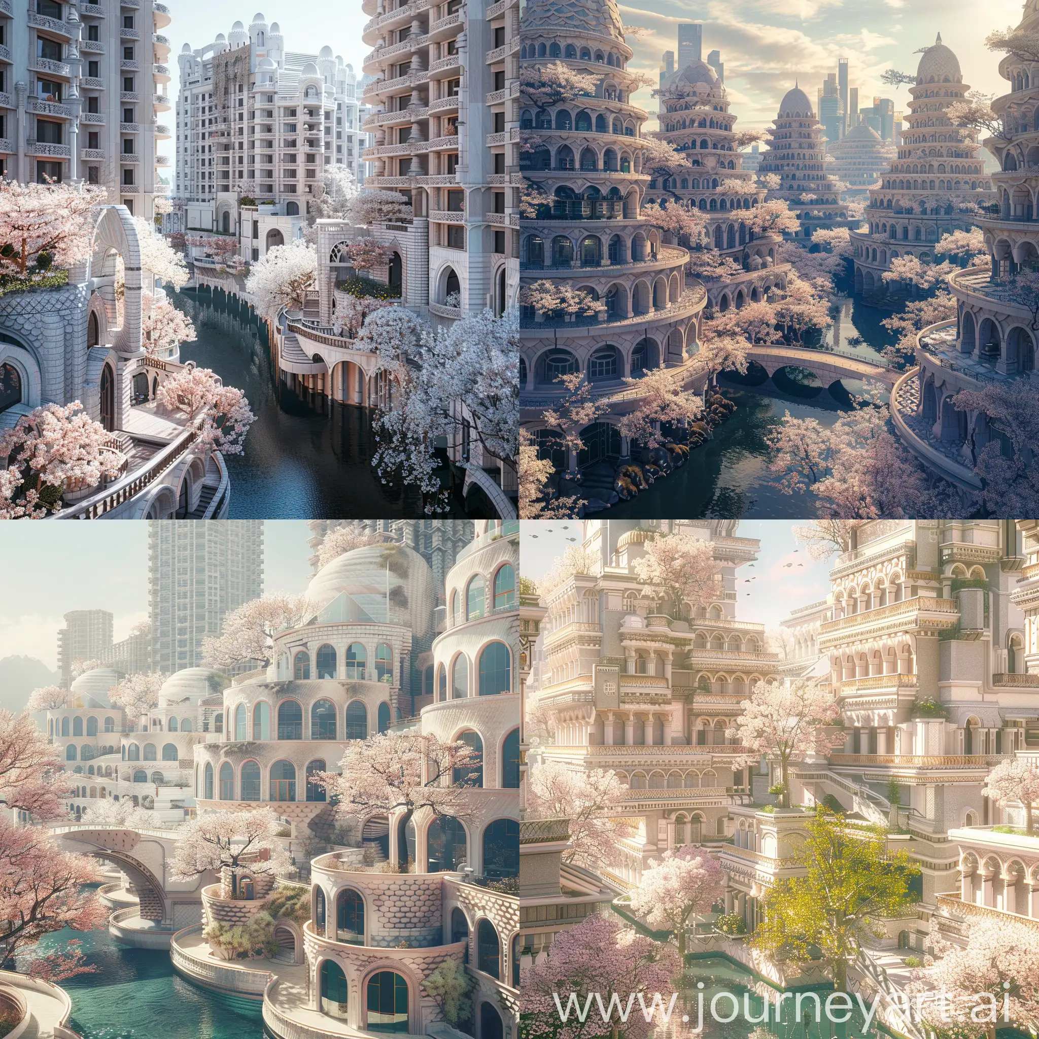 Beautiful futuristic metropolis in an alternate timeline where all buildings retain traditional elements, ornate travertine architecture with scale-like patterns on facades and blossoming trees, monumental terraced buildings, canals, Tokyo vibe, spring morning, photograph