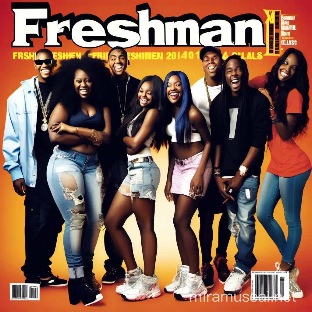 Freshman class 2014 xxl magazine rap group smiling snarling african american adult flashy stylish three long stylish hair girls and two men wide obnoxiously snarling laugh smiling