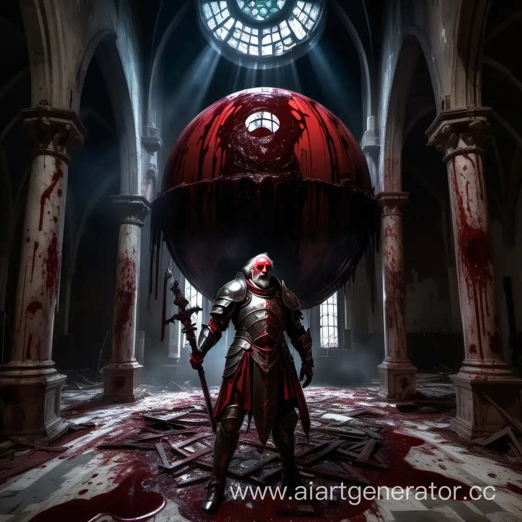 An old man in plate armor stands in an abandoned chapel in the consecration of the dim moonlight, surrounded by bloody magic smears and corps.A giant pulsating blood sphere hovers behind him