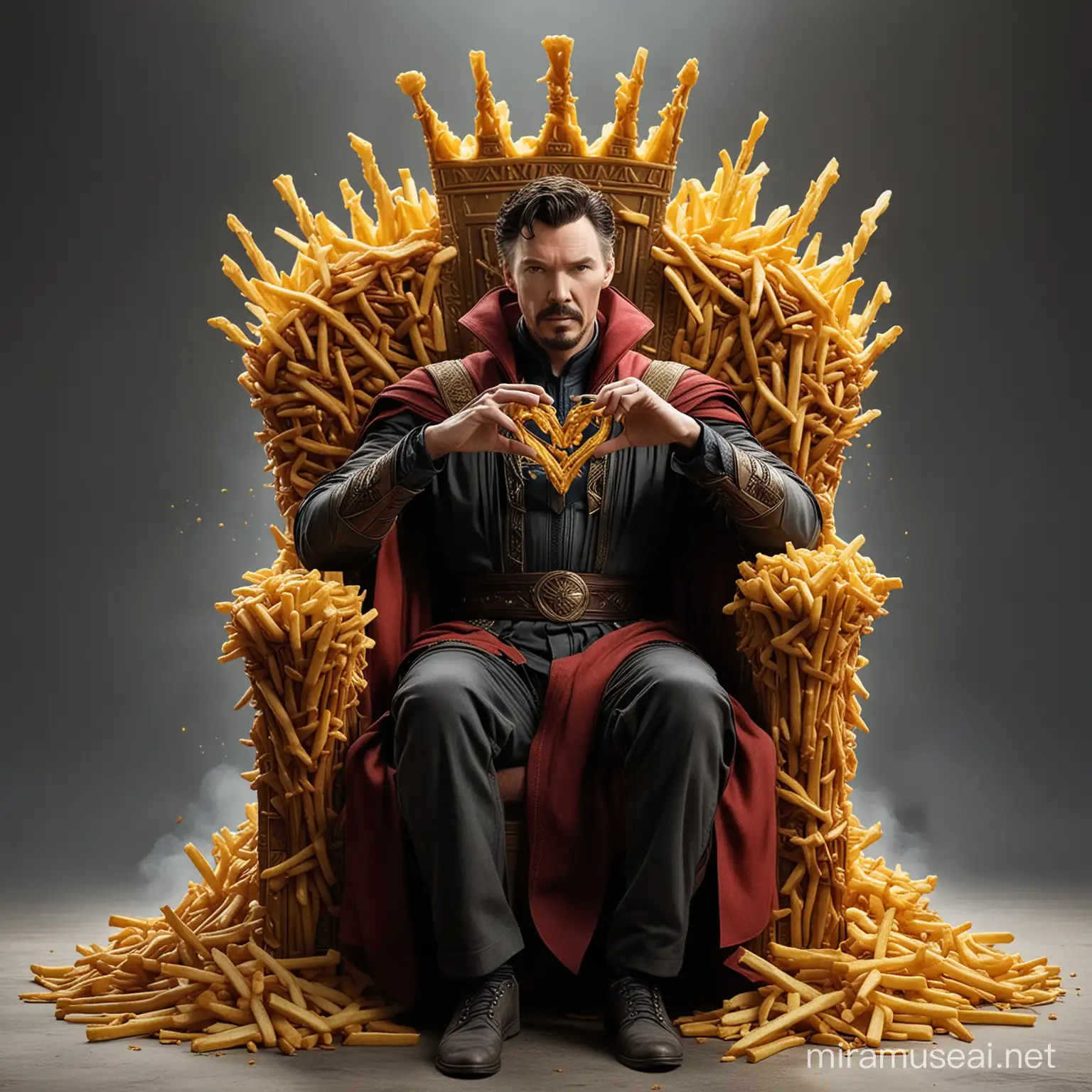 dr. strange in full body sitting in a throne made up of french fries with a crown made up of french fries, hands making a heart sign shape 
