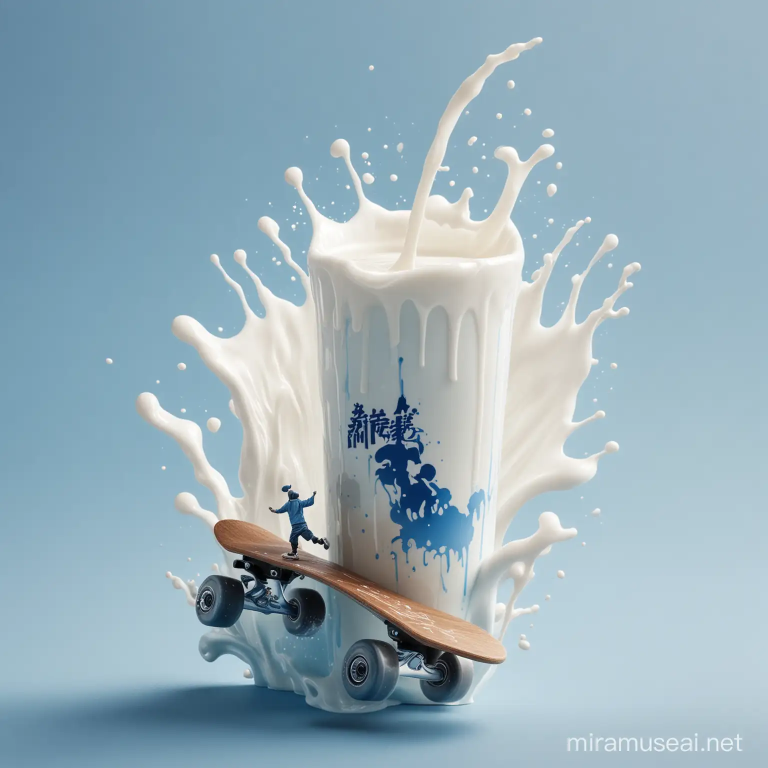 品牌为悦鲜活牛奶
图片整体为蓝白配色，图片右上角呈现牛奶倾泻而出的场景。倾泻而出的汇聚成一个小人骑着滑板的轮廓，位于图片正中间。