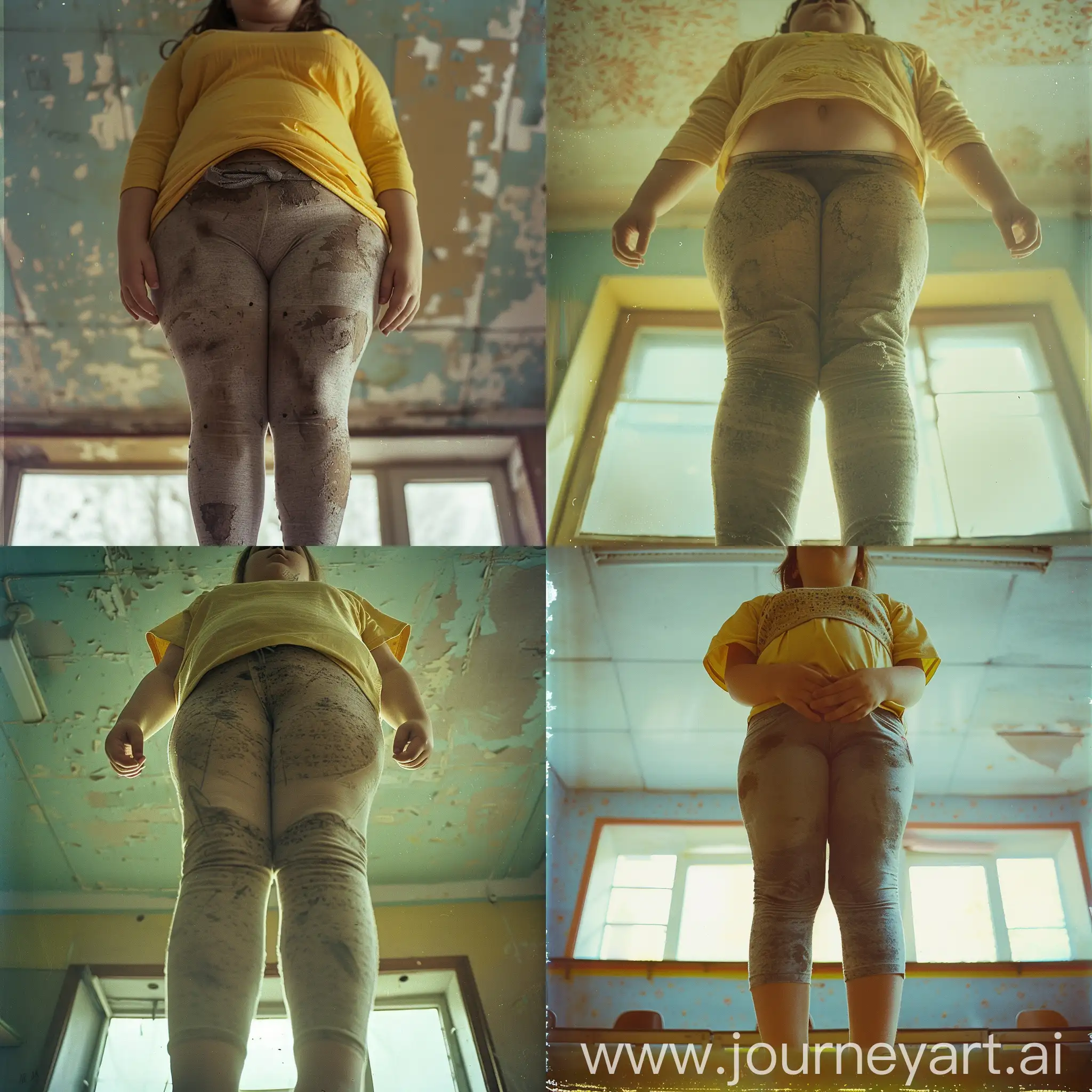 photo from russian 2015s, grainy effect, bottom up view, soviet classroom landscape, close up shot 14 yo rural chubby fat girl standing above viewer (wearing a yellow shirt, grey dirty leggings) photo on film, looking bottom up view