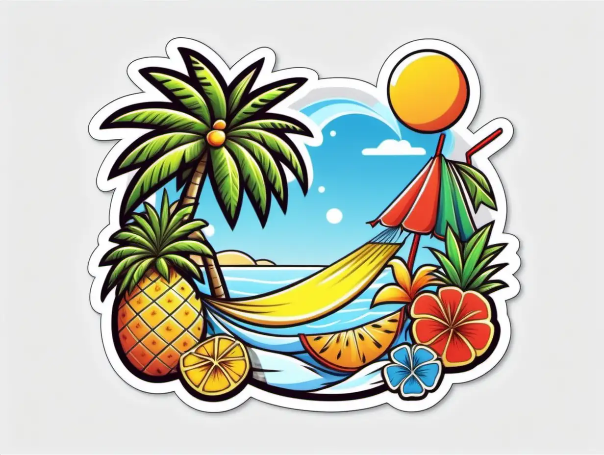 /imagine prompt: Tropical summer, Sticker, Blissful, Primary Color, Cartoon, Contour, Vector, White Background, Detailed
