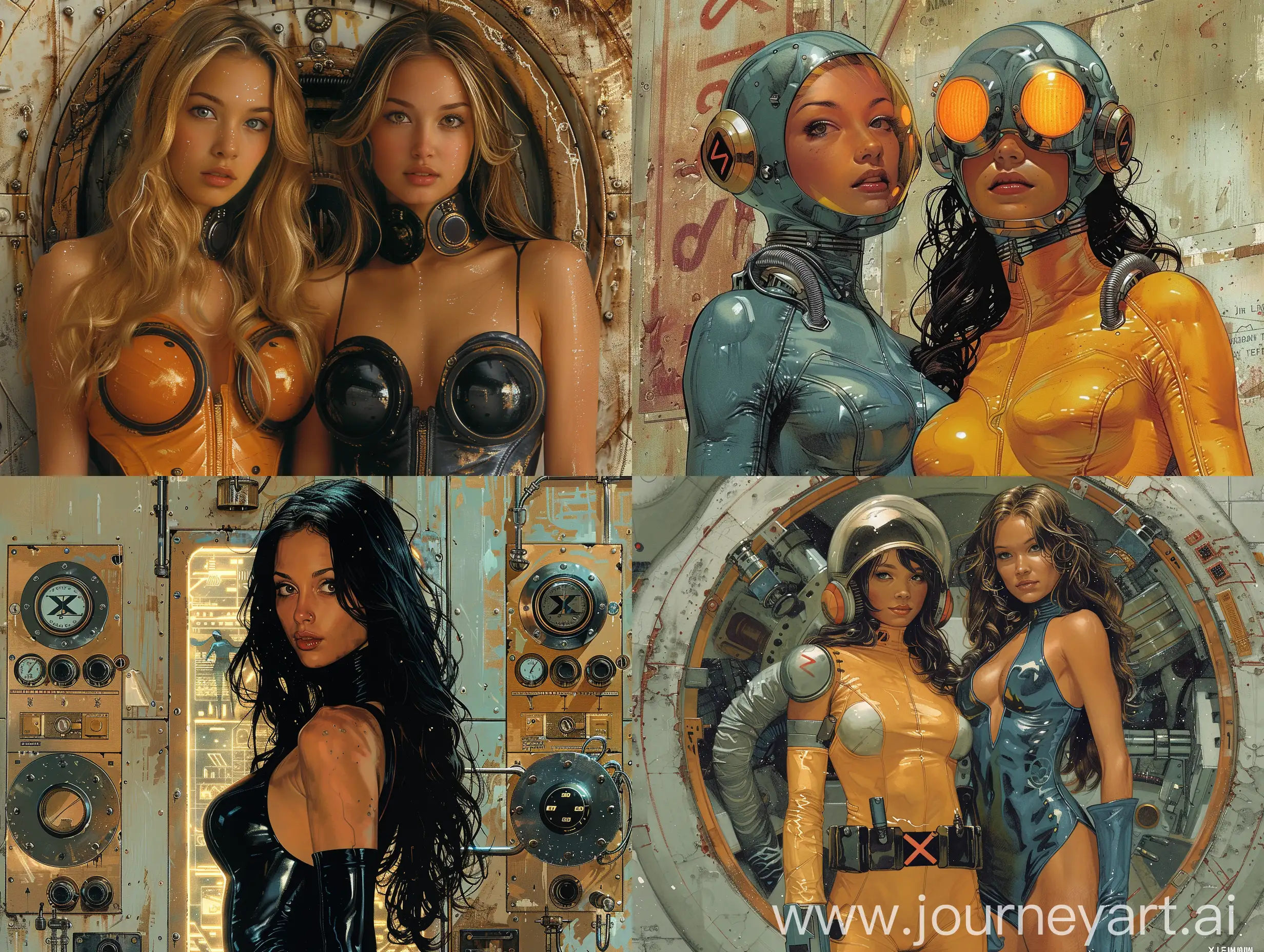 Women spacepilot in the lunarpunk style in cyberdress costume of the Future cosmic era go to space mechanisms and laboratory cosmic devices, Jim Lee style, features, ancient, highly detailed, complex, golden ratio composition, X-Men comic 
book cover --s 750  