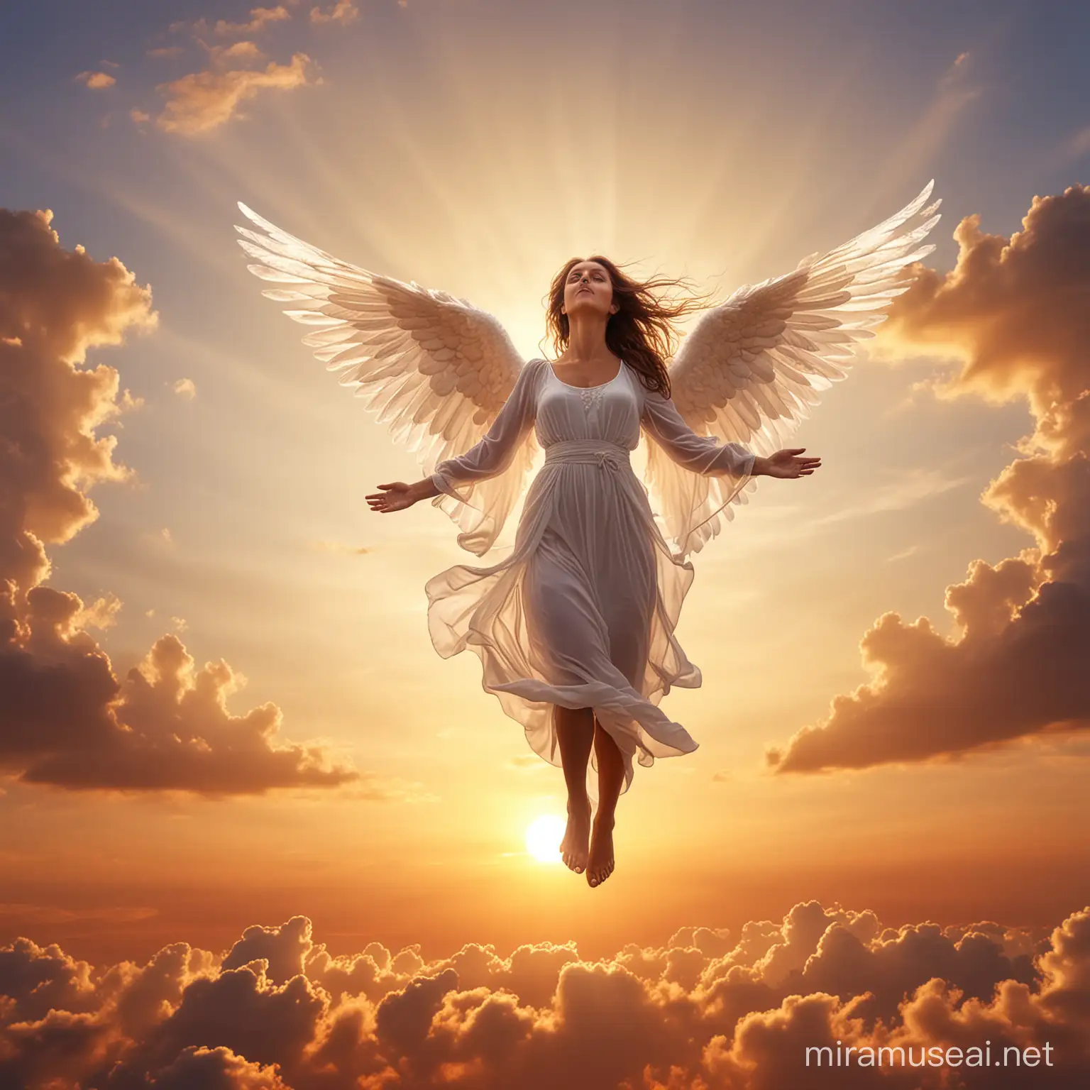 Heavenly Descent Angelic Lady Gracefully Descending at Dusk