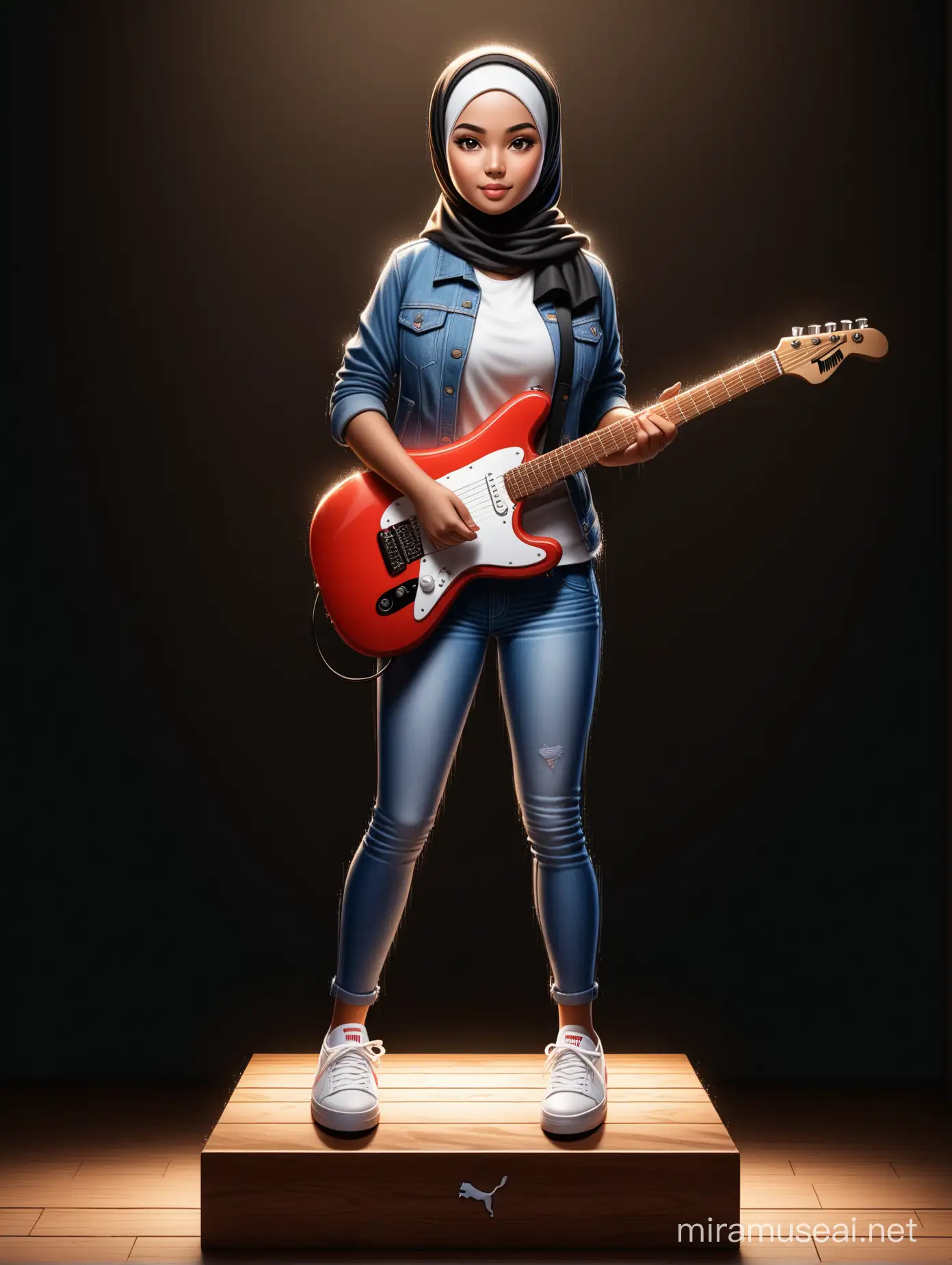 Hyperrealistic Indonesian Girl in Hijab Playing Electric Guitar on Wooden Box