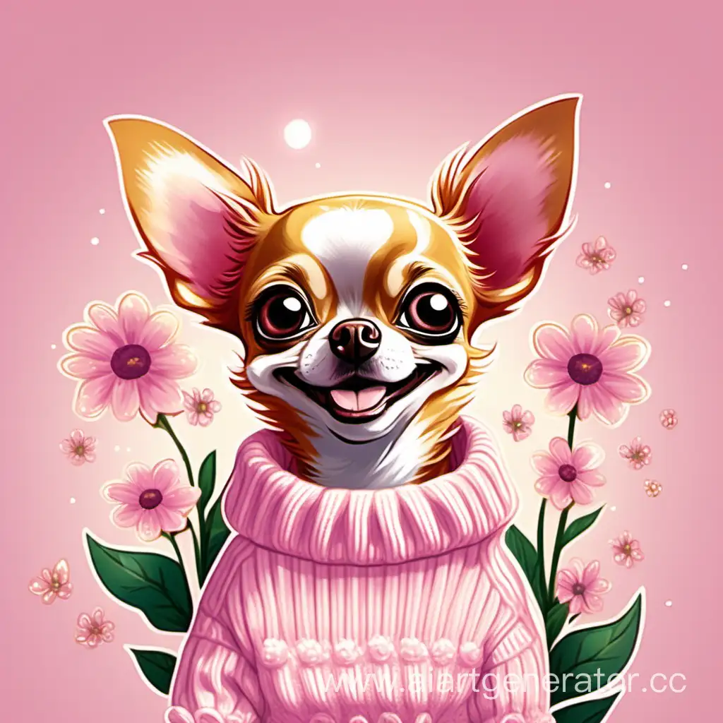 Cheerful-Redhead-Chihuahua-in-Pink-Sweater-with-Bouquet-of-Light-Flowers