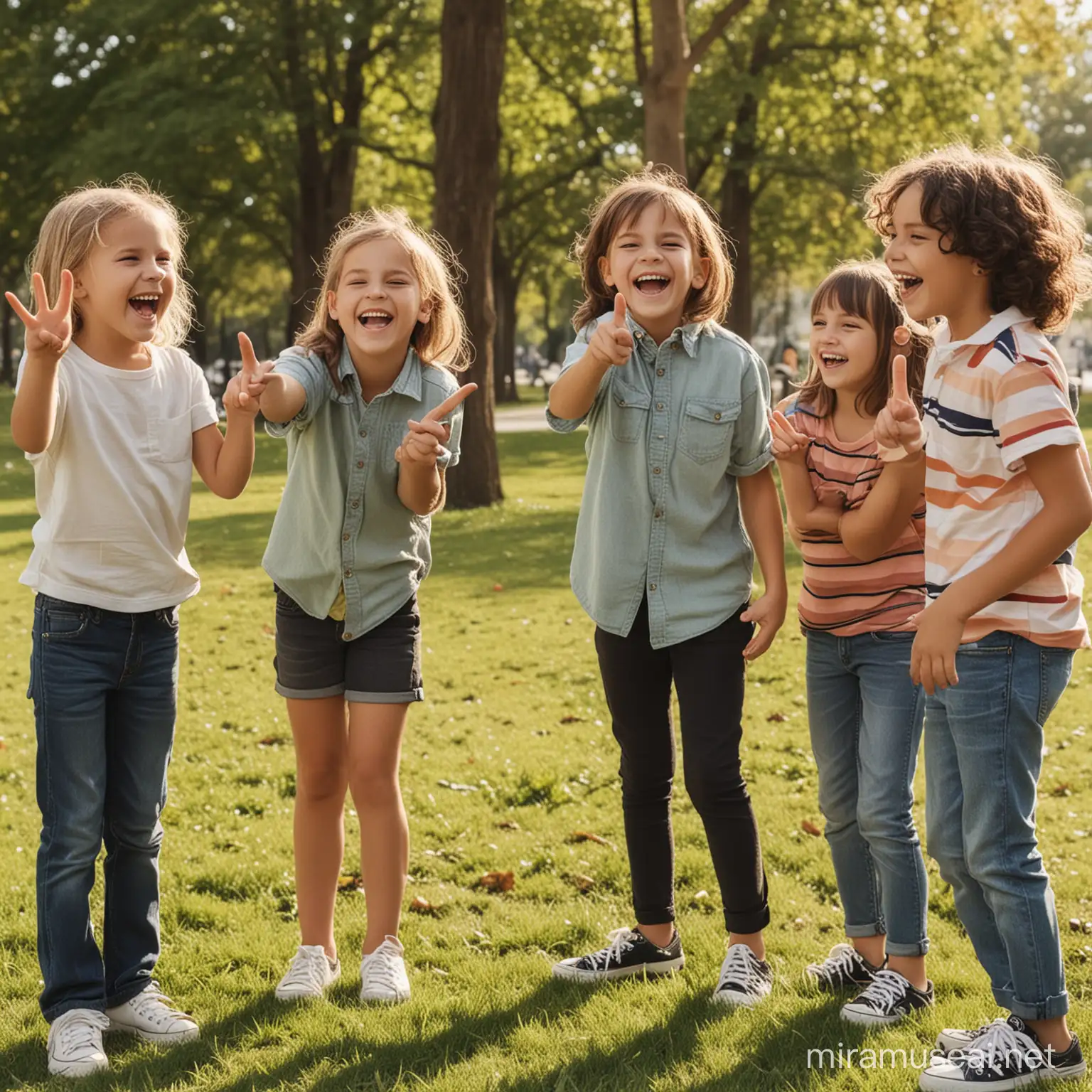 Joyful Children Laughing and Pointing in the Park