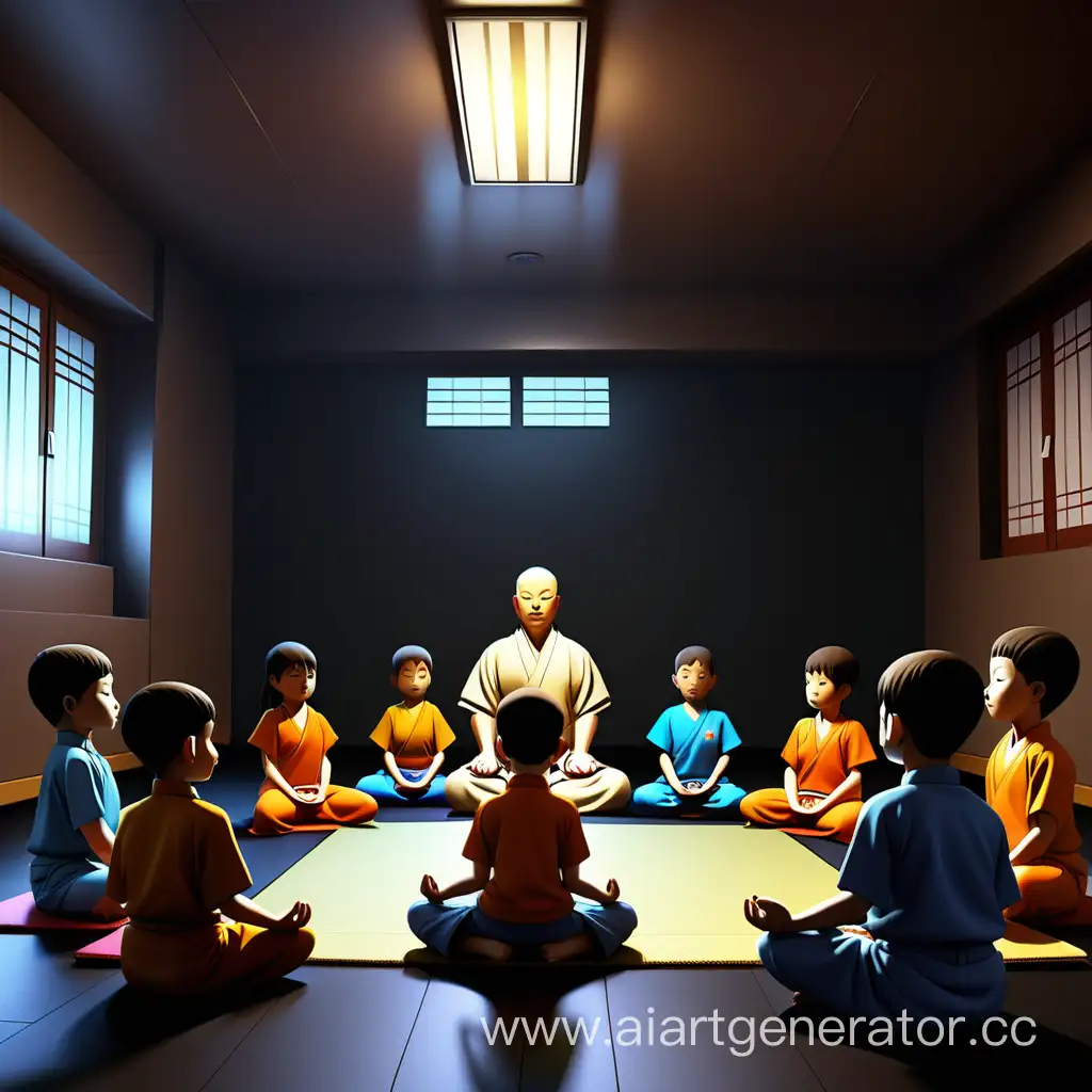 KUDO-Training-Children-Meditate-with-Coach-in-Dark-Room