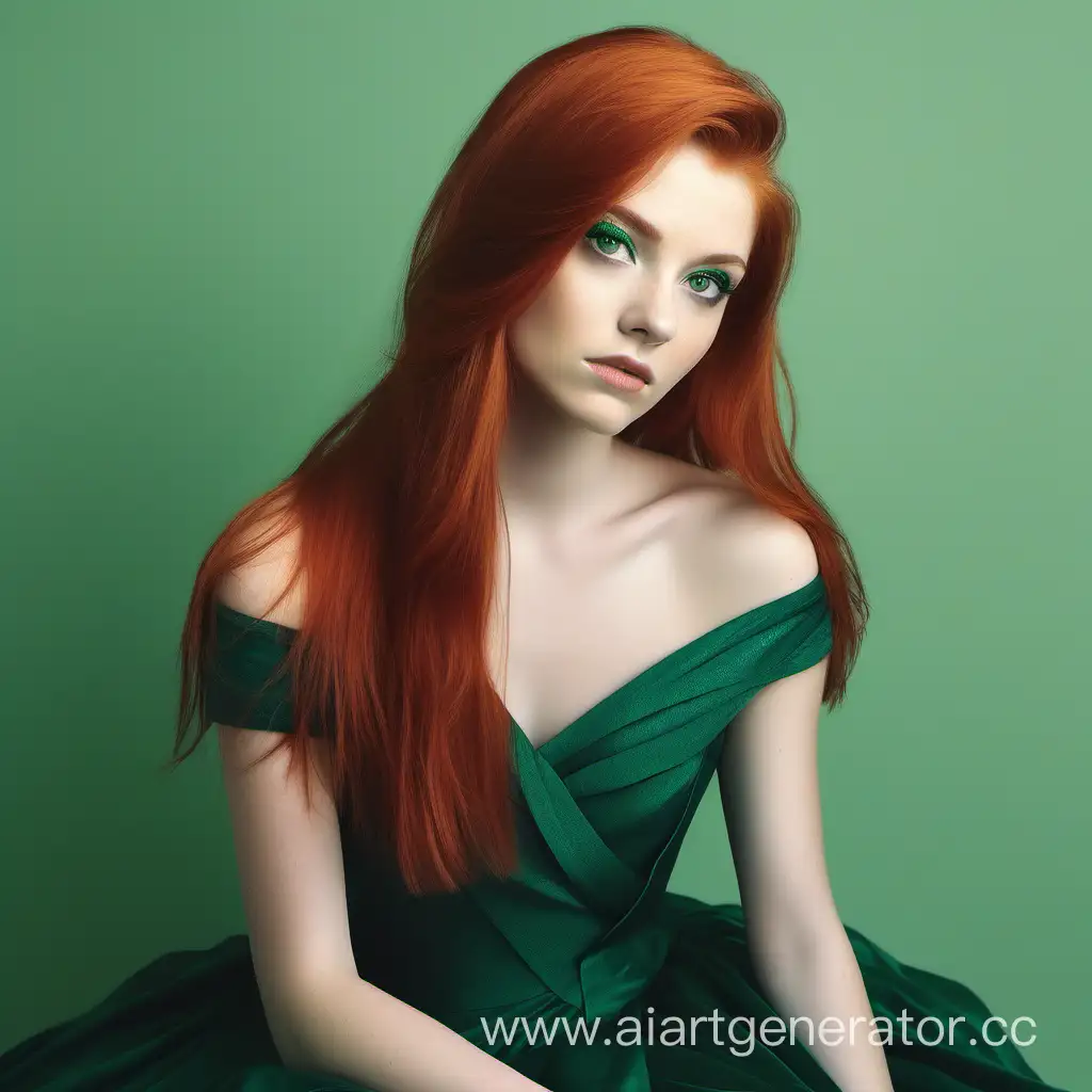 Девушка с прямыми рыжими волосами и серыми глазами, в изумрудном платье 
