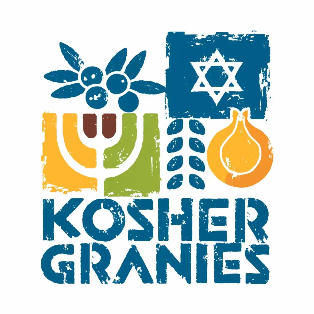 logo, Israel, yellow, blue, white, green, pomegranate, fig, olive, Menorah, Paul Klee, with the text "Kosher Grannies", typography, be used in Automotive industry