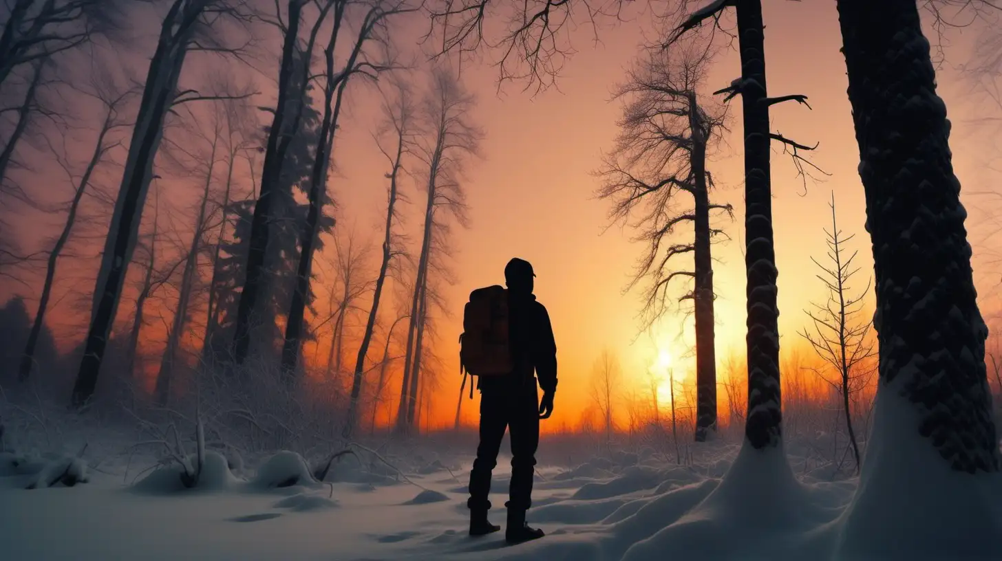 snowy forest, trees all over, silhouette of bald guy with cap and backpack is leaning against a tree, looking away from camera, orange sunset, 1080p resolution, ultra 4K, high definition, volumetric lightning