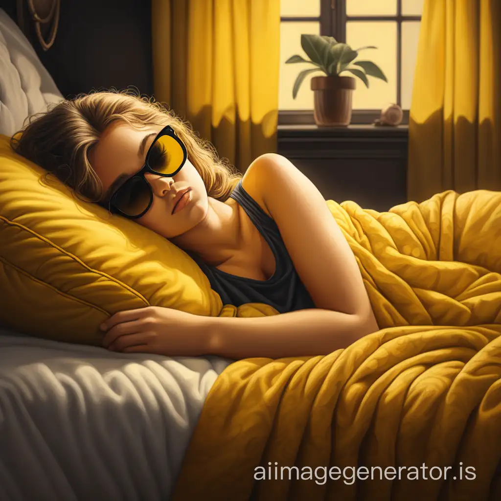 Draw a realistic person sleeping in dark sunglasses on the bed. The background should be in yellow tones. Realistic. High level of detail. The background should be in yellow tones.