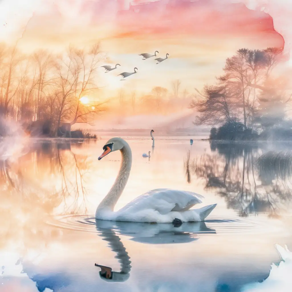 Graceful Swan Silhouetted against Watercolor Sunrise