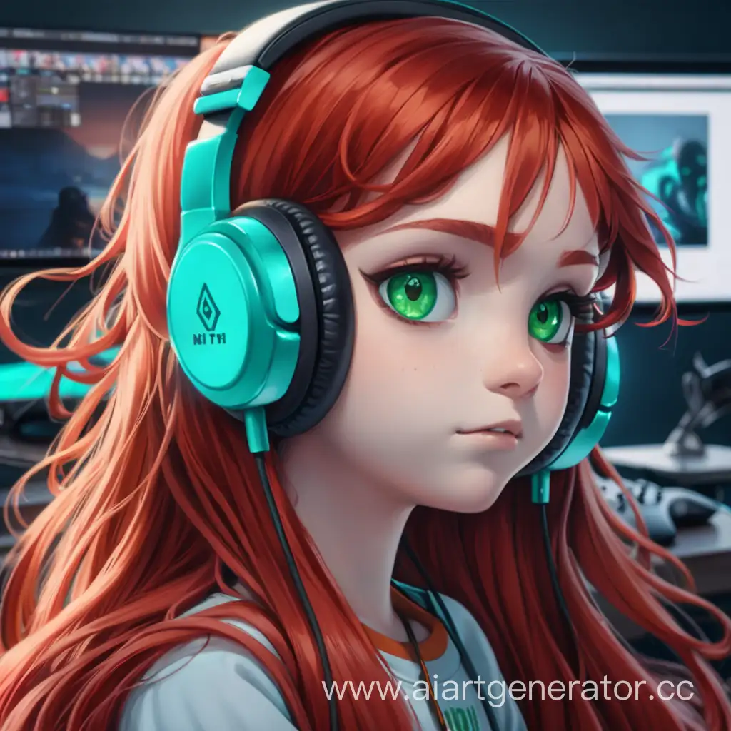 Девушка с длинными рыжими волосами, зелеными глазами, в больших игровых наушниках