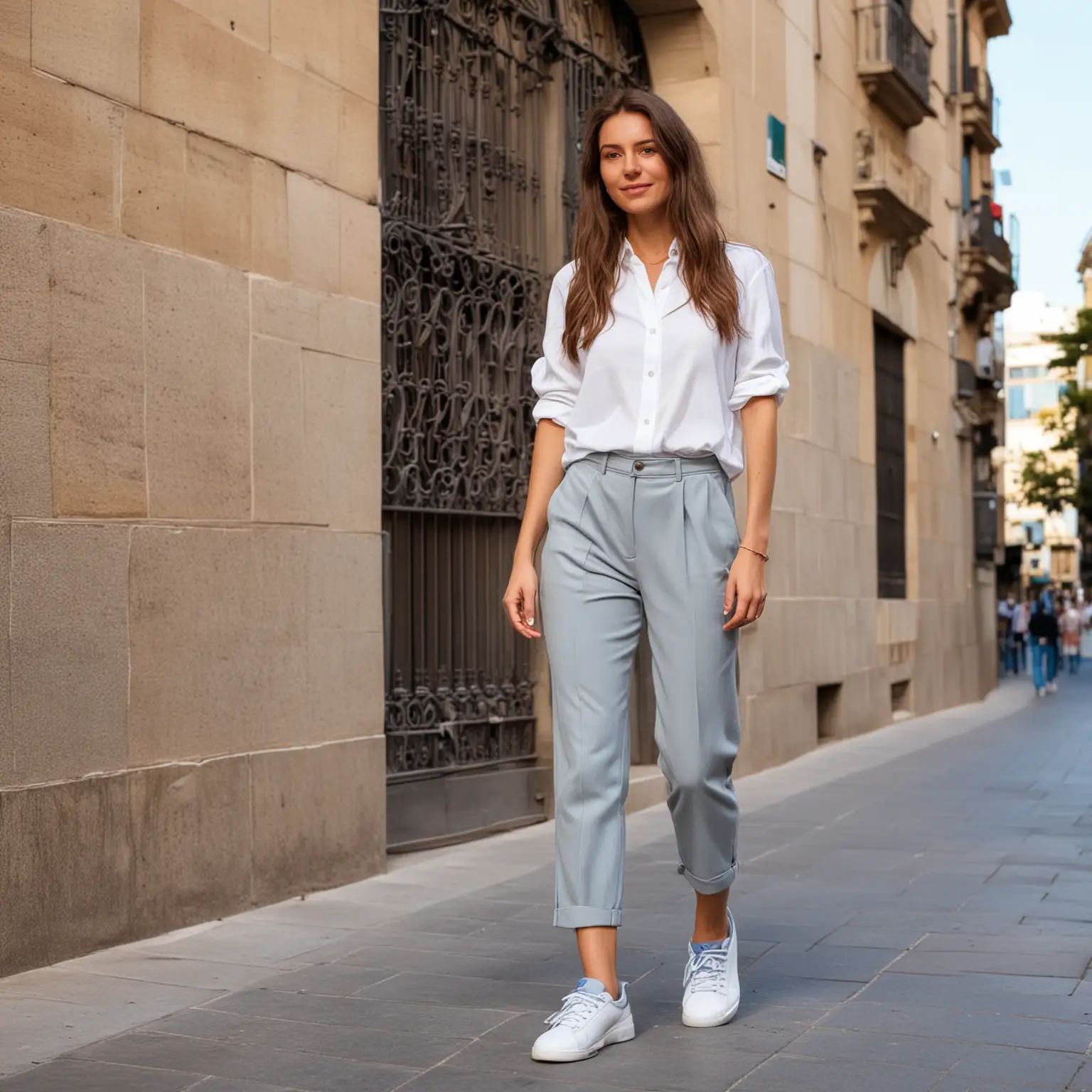 Stylish Woman in Barcelona with Gray Fabric Pants and Blue Sneakers
