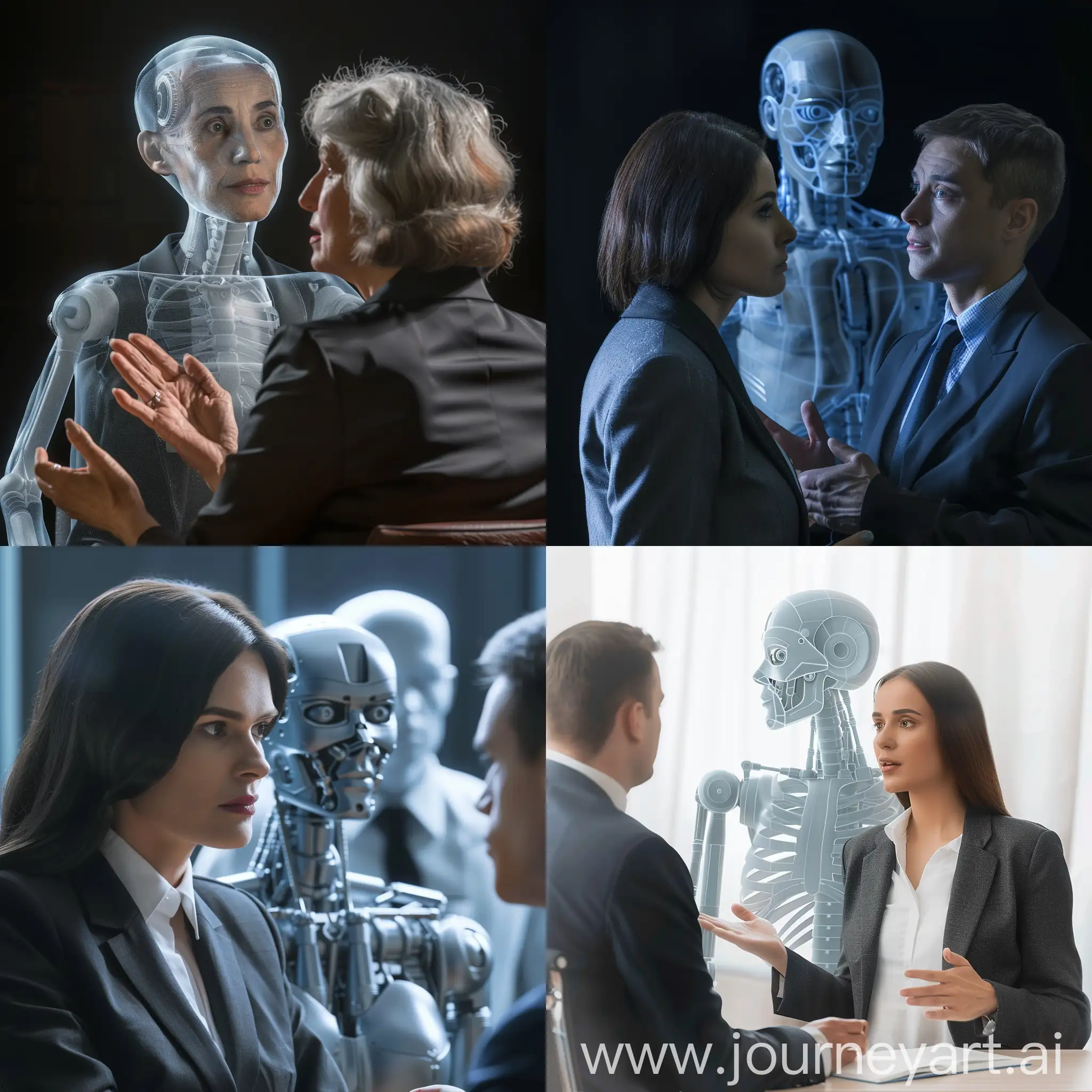 A lawyer woman, talking with a client, who is accompanied by the semi-transparent robot entity behind his shoulder, detailed DSLR image   