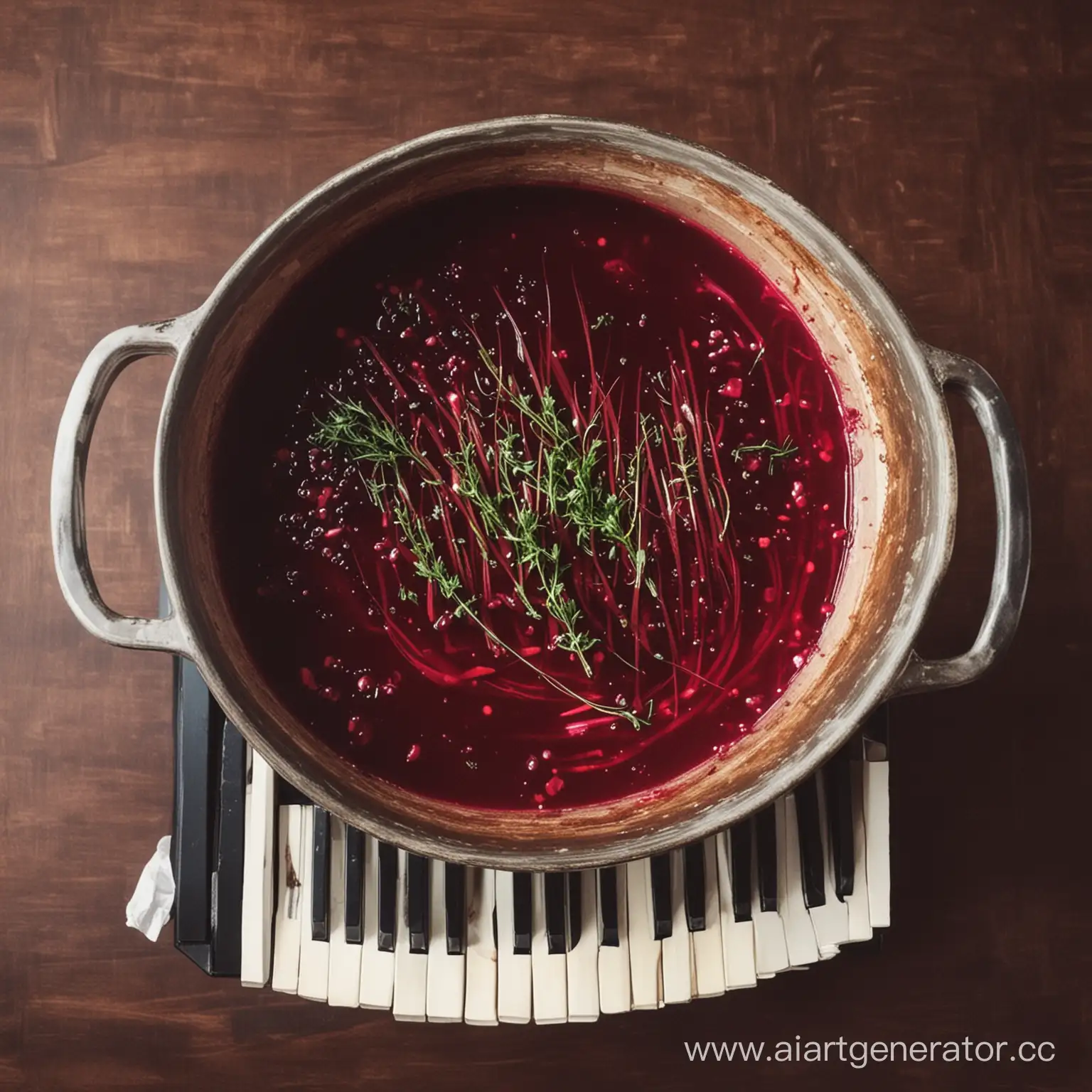 Surreal-Still-Life-Borscht-Pot-with-Scattered-Piano-Keys