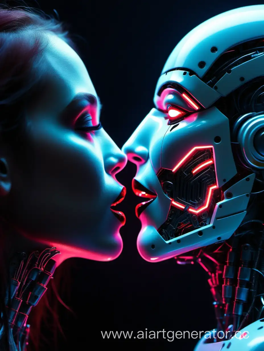 Intimate-Neon-Encounter-HumanRobot-Kiss-in-Dark-Illumination