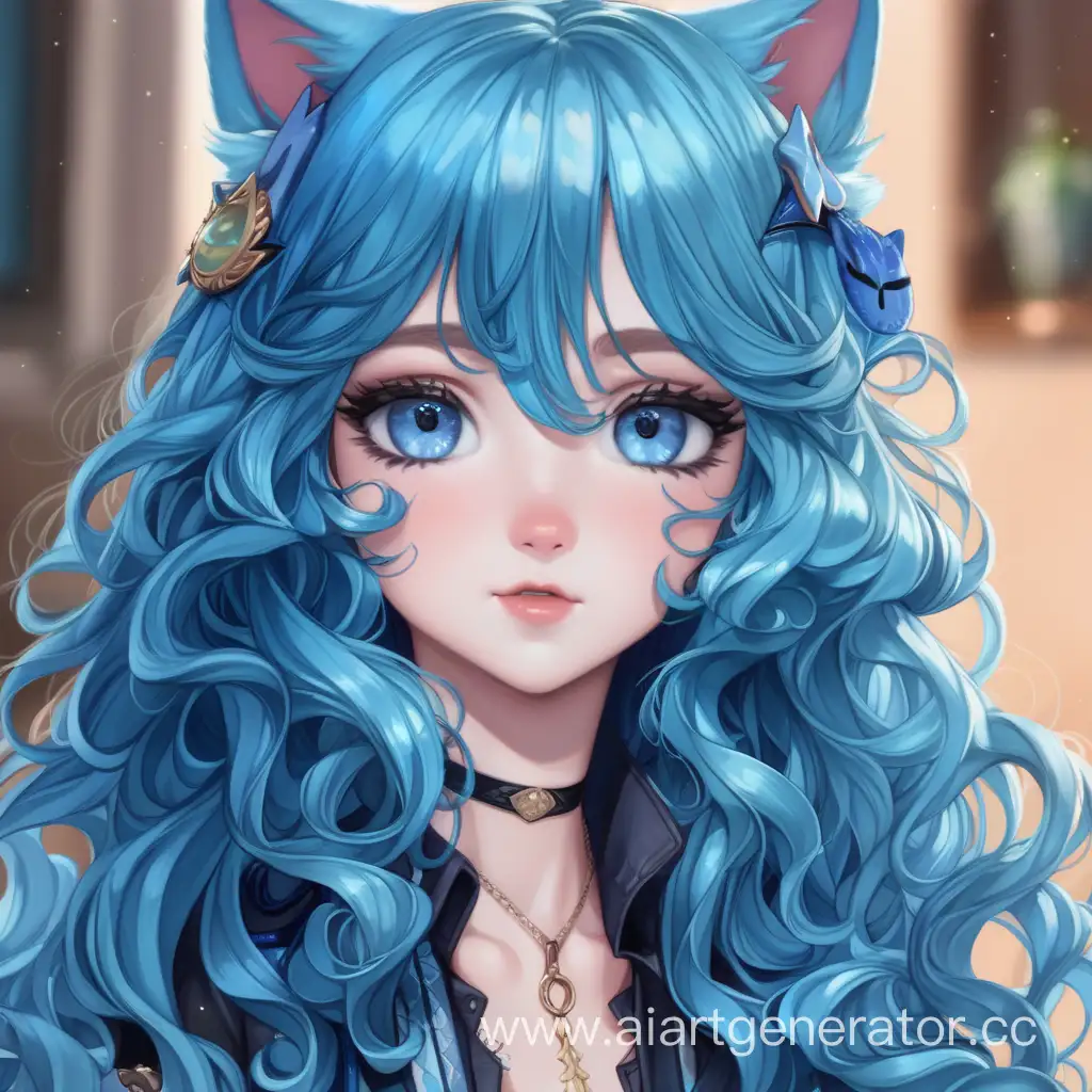 Kitty girl with blue long wavy hair and blue eyes
