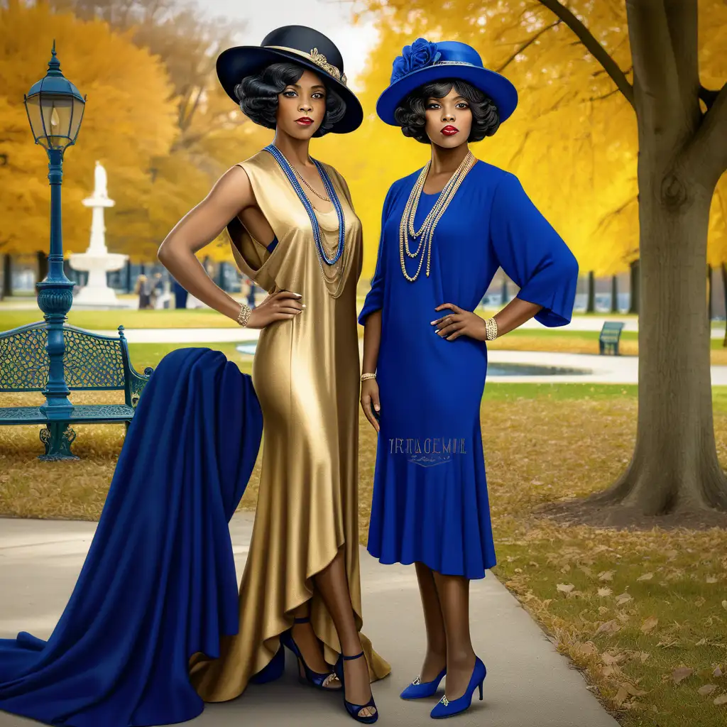create image of an elegant
two beautiful black women from 1922 in front of a park. She wearing royal blue and gold