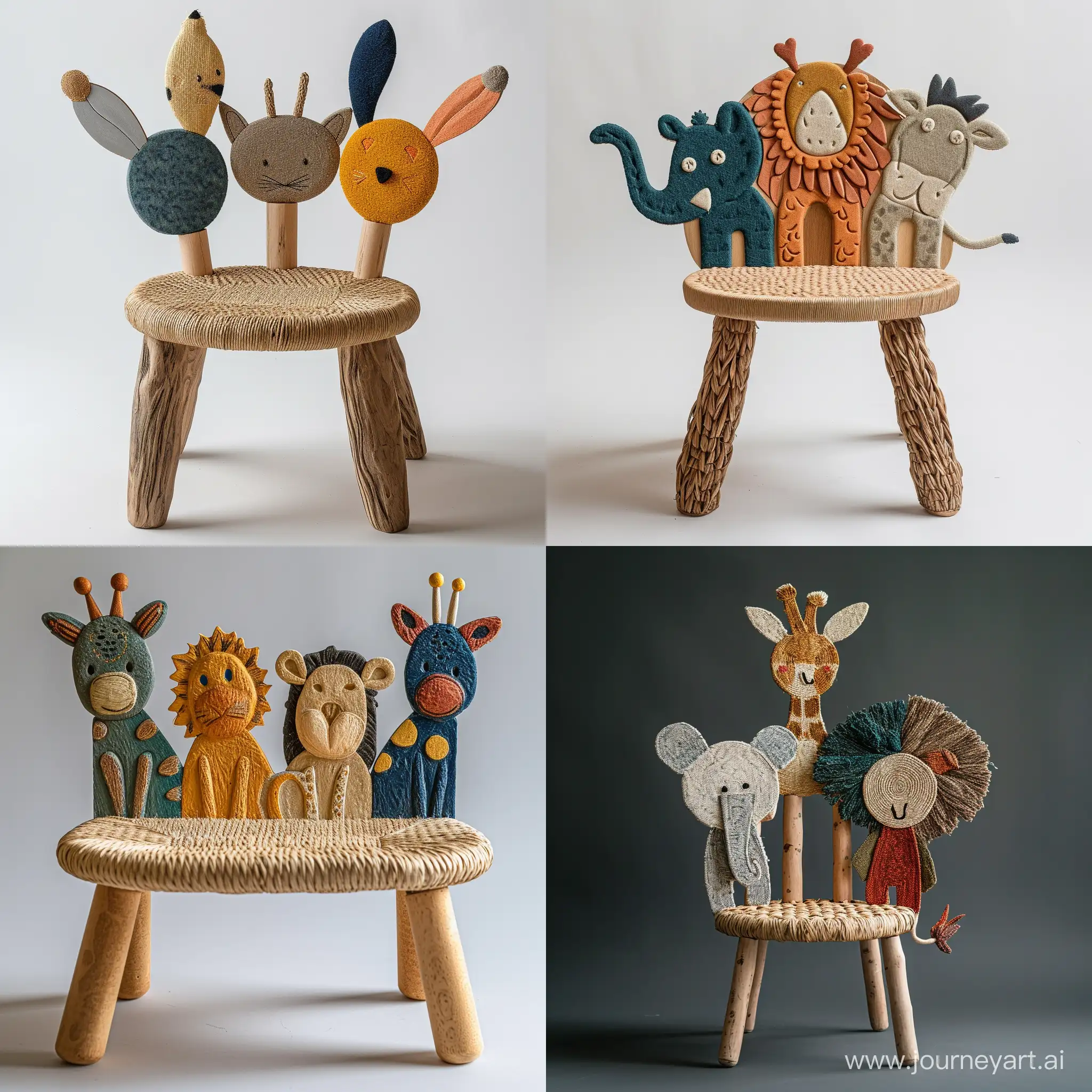 imagine an image of a sturdy children’s cute chair Elegant and using minimal materials for construction inspired by cute safari animals, with backrests shaped like different creatures. Use recycled wood for the frame and woven plant fibers for seating areas, depicted in colors representative of the chosen animals. The seat should stand approximately 30cm tall, built to educate about wildlife and ensure durability.realistic  style