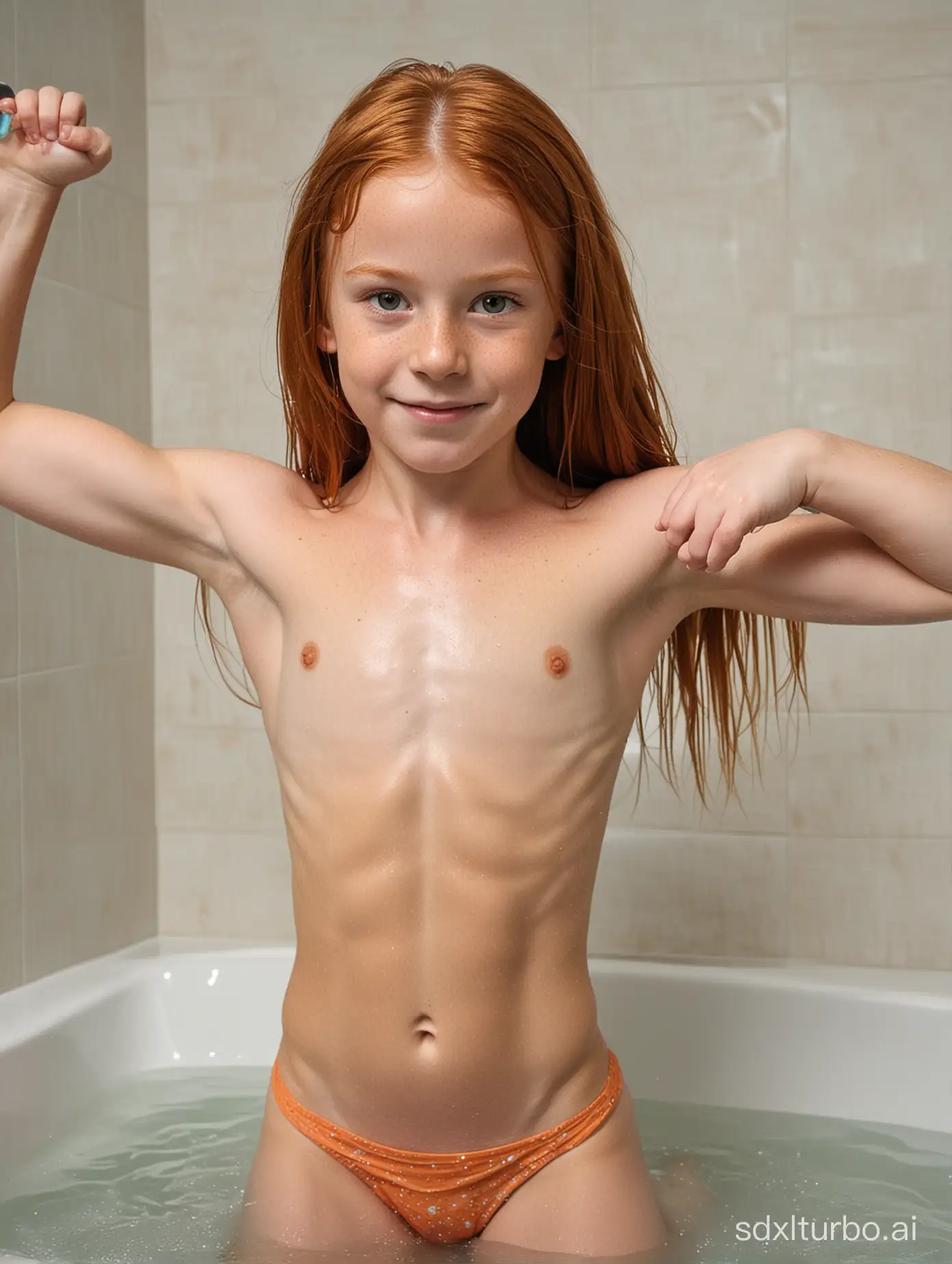 9 years old girl, long ginger hair, showing her very muscular abs, bathing