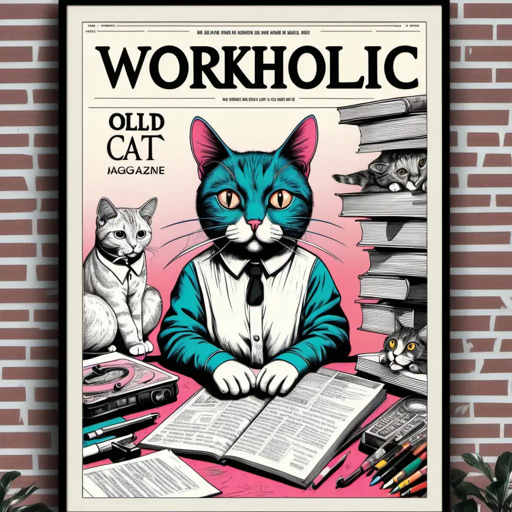 Vintage Aesthetic Cat Illustration Retro Workaholic Feline in HandColored Magazine Style