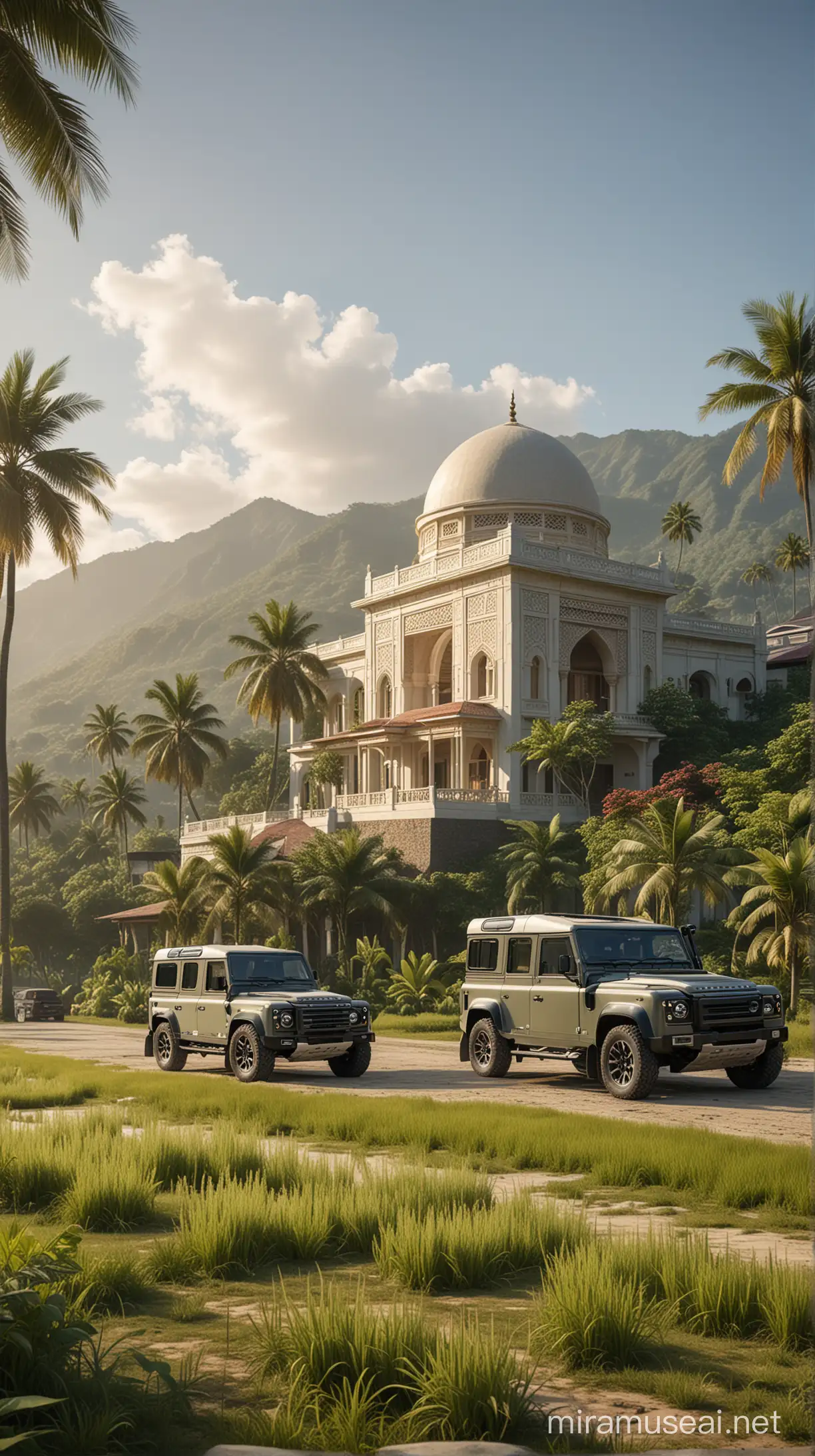 2 floor villa beside a mosque, mountain landscape view, 2024 Land Rover Defender, Indonesian Muslim family of 5 standing near the car, UHD 16k, realistic, sunny day, rice field Indonesia