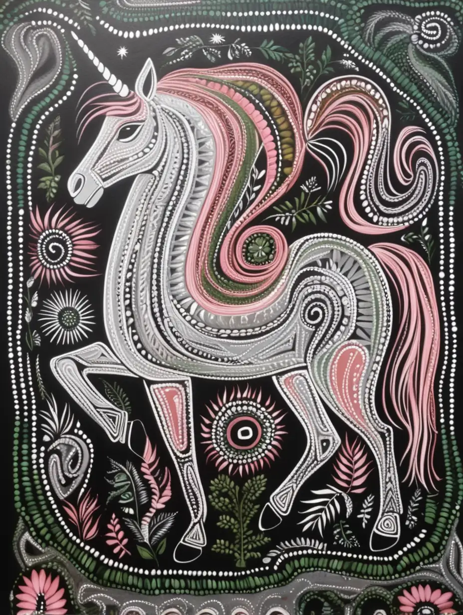australian traditional aboriginal art with a unicorn in terracotta, green, pink, black, white, light grey

