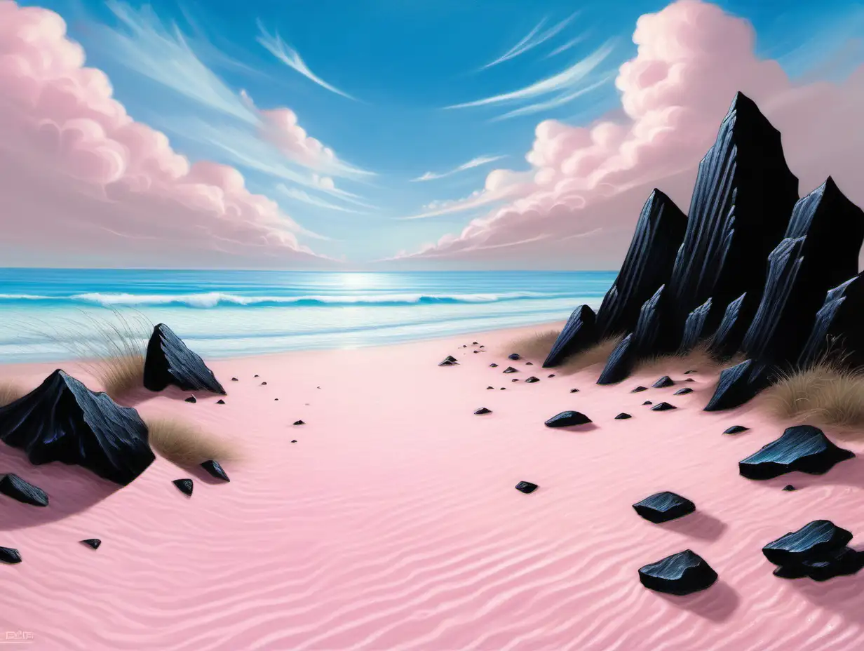 pale pink sand beach, black rocks, blue sky, fantasy painting, MtG art