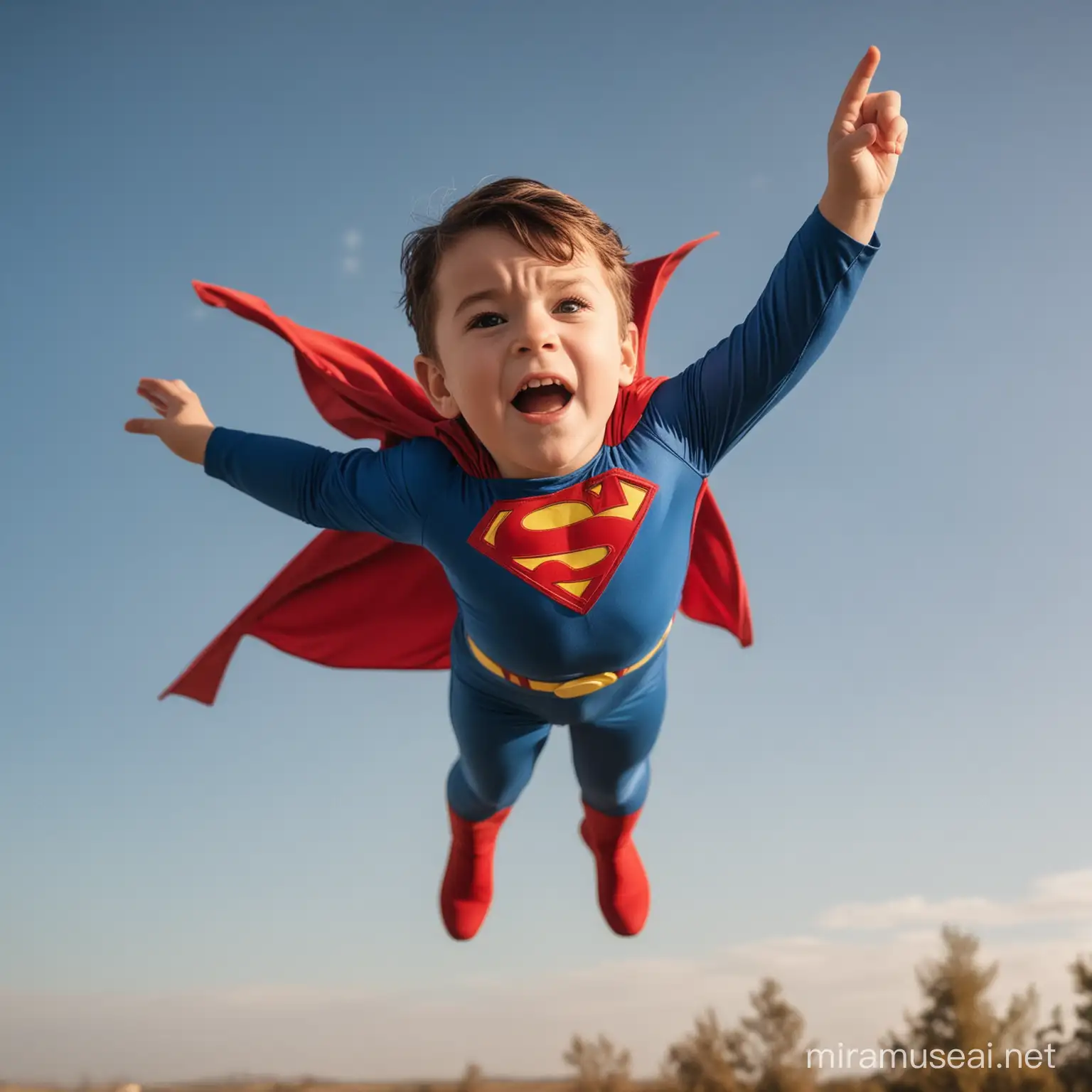 ADHD child i superman costume and raising hand to the sky in a flight