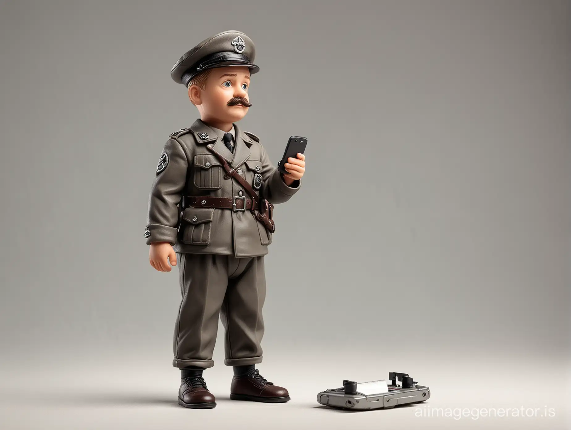 Miniature nazi kid,  toy, mustache, full body, staring at his phone, isolated