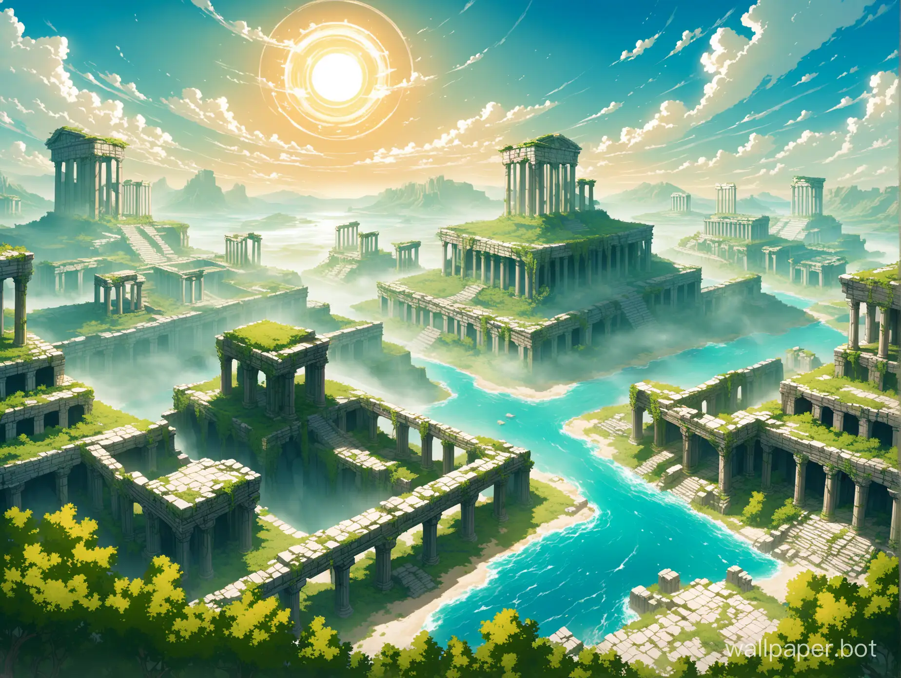 fighting stage videogame, greek mythic battleplain of the gods, elysium ruins, huge buildings and vegetation floating in the sky