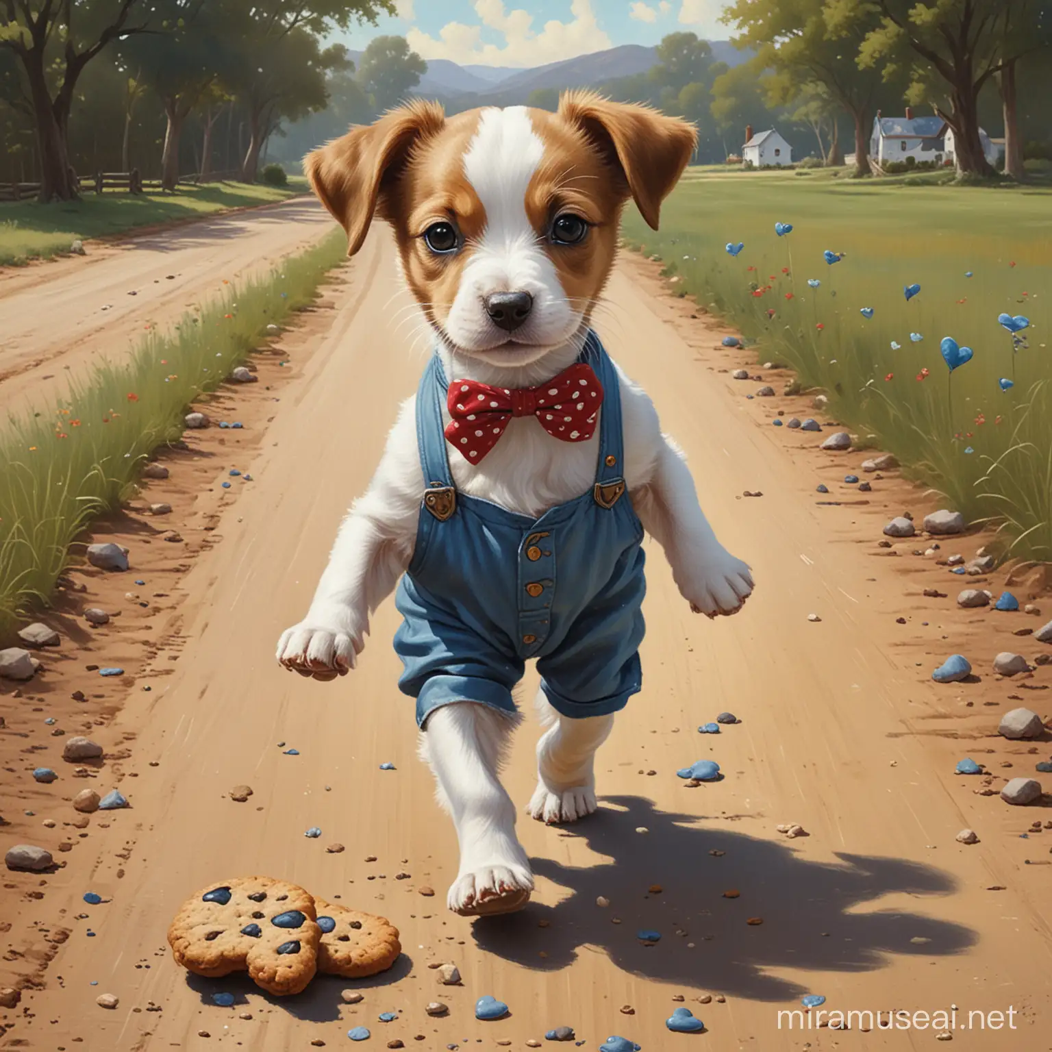 A classic painterly oil painting of a small cute puppy, wearing a blue trousers with small  hearts, walking along rural dirt road. they have a cookie in the mouththey are walking in the direction of the viewer, tthe road. whimsical in the style of Norman Rockwell