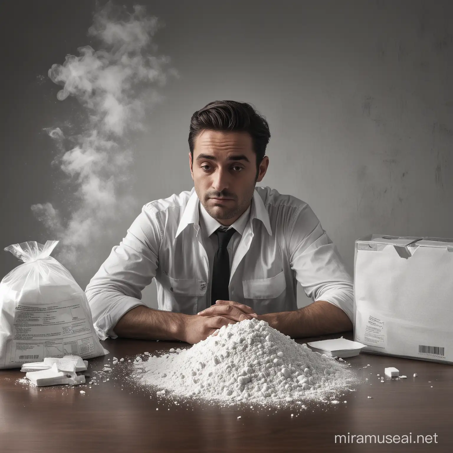 A man sitting behind a desk with a pile of cocaine powder in front of him