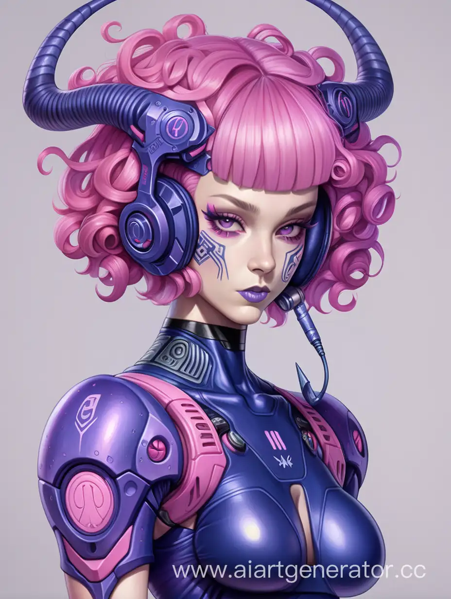 Alien, curvy body, purple skin, short pink hair with curls, cassette futurism dark blue outfit, rune tattoo, horns, female character