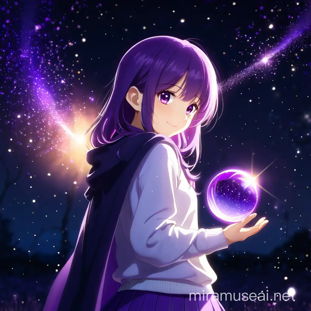 1girl,{{{teen}}}, {{small girl}}, looking_back, skirt, long hair, Purple hair, Cape, {{{purple sweater}}}, cute, Skinny

Background: field, night, stars, purple particles, magic, One arm bent at the elbow, holding a magic sphere, {{{hand}}}

8к, Ray tracing, beautiful eyes, Maximum details, perfect eyes, gorgeous eyes, detailed eyes, fix hand, Maximum details eyes, 
detailed clothing, beautiful sphere, detailed sphere, no smile

