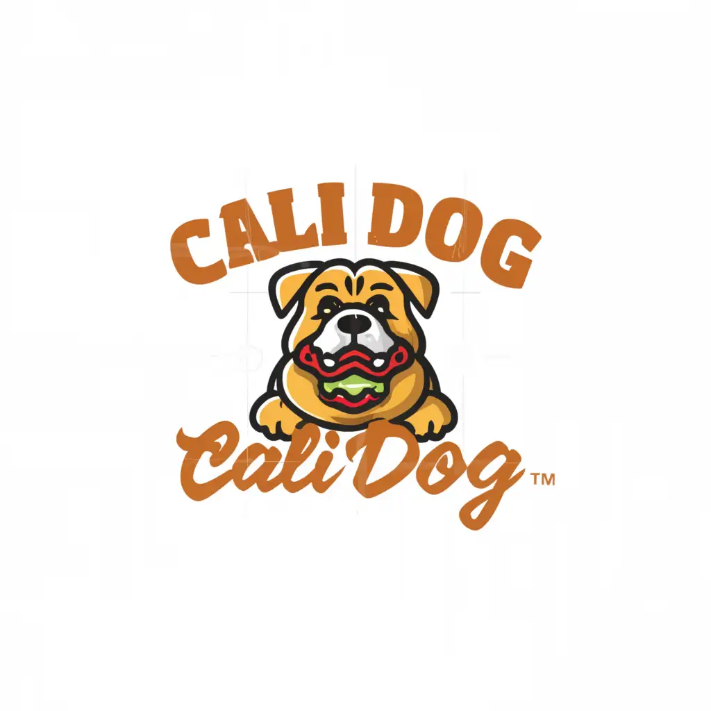 a logo design,with the text "Cali Dog", main symbol:bulldog eating hot dog,complex,be used in Retail industry,clear background