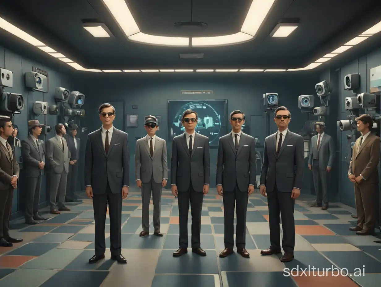 In the three-dimensional space created on the metaverse platform, there is a bold zero with three characters inside, with a group of old-fashioned surveillance cameras and people wearing suits standing in the middle.