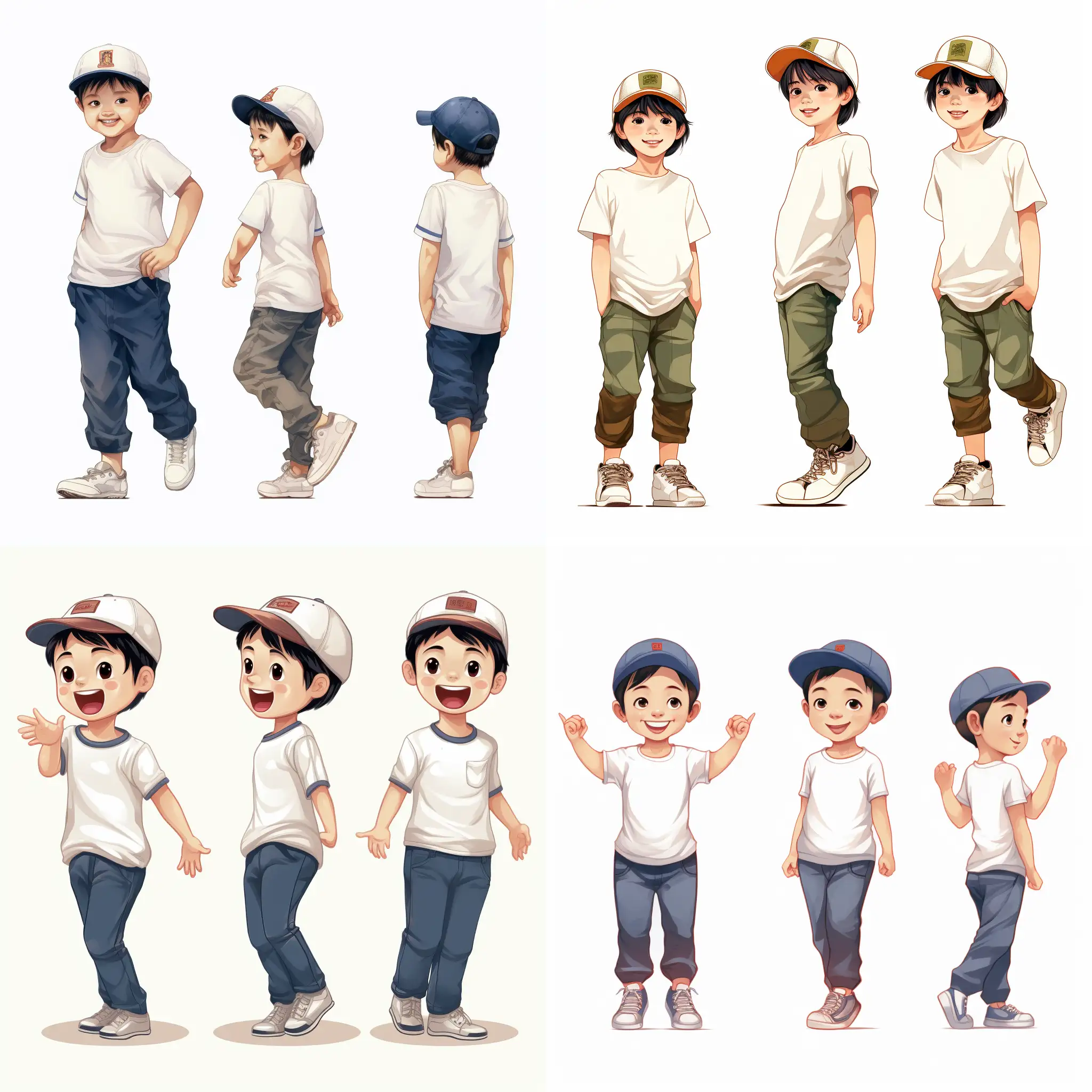 Main Design (主要設計) with a white background Illustrate 6 years old  Xiao Hong iMain Design (主要設計) with a white background 
Illustrate 6 years old  Xiao Ming in his everyday attire (colorful T-shirt, jeans, sneakers, and a cap) with a full-body view.
正面和背面視圖。
Expressions (表情):
Happy/smiling face (快樂/微笑的表情).
Curious/excited expression (好奇/興奮的表情).
Surprise/shock (驚訝/震驚的表情).
Concentrating/thinking (專注/思考的表情).
n her floral-patterned dress, matching shoes, and with a ribbon or flower accessory in her hair with a full-body view. 正面和背面視圖。 Expressions (表情): Sweet and warm smile (甜美而溫暖的微笑). Shy/blushing expression (害羞/臉紅的表情). Excitement/happiness (興奮/快樂的表情). Thoughtful/reflective look (沉思/深思的神情)