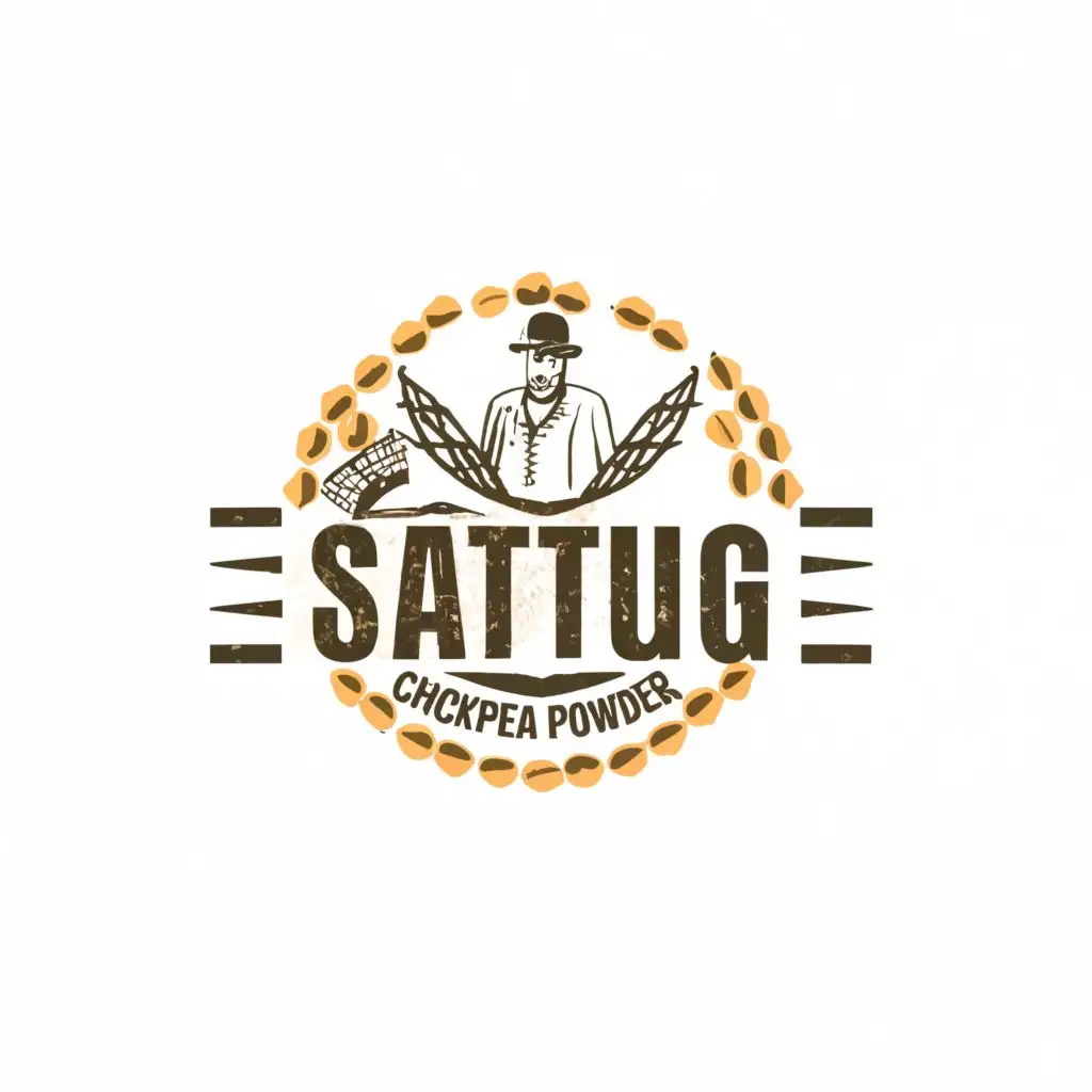 logo, A FARMER AND CHICKPEA POWDER, with the text "SattuG", typography