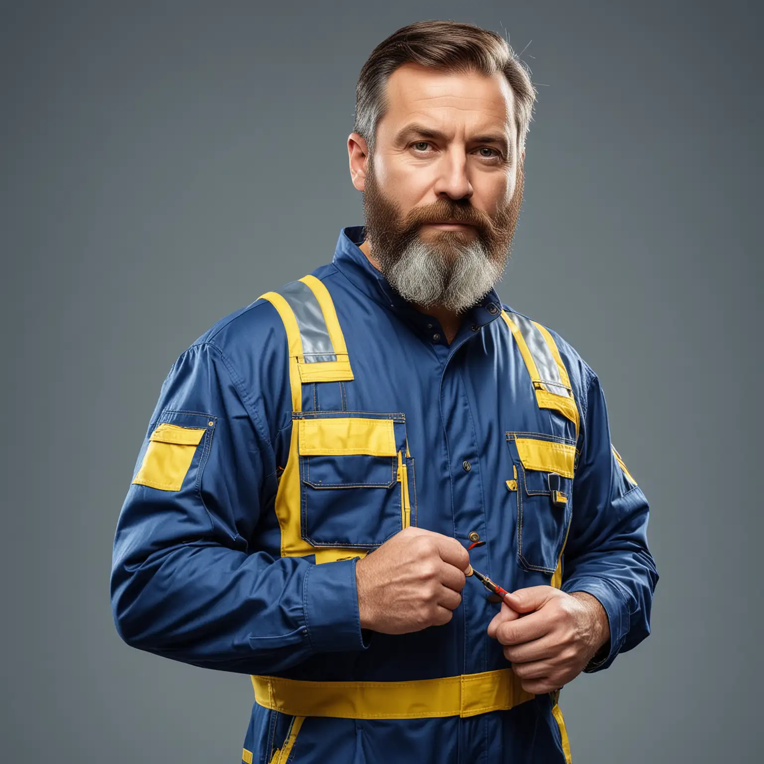 Middleaged Electrician in Blue Jumpsuit with Yellow Inserts Transparent Background