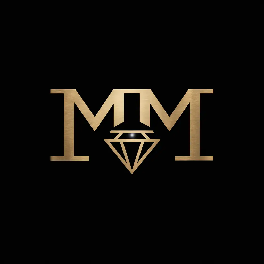 A Logo with MM text in it with a diamond sembol, simple , modern, gold on top of black