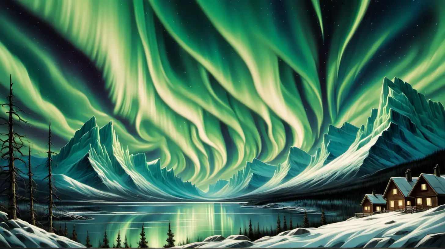 Glazier landscape with aurora borealis, details 