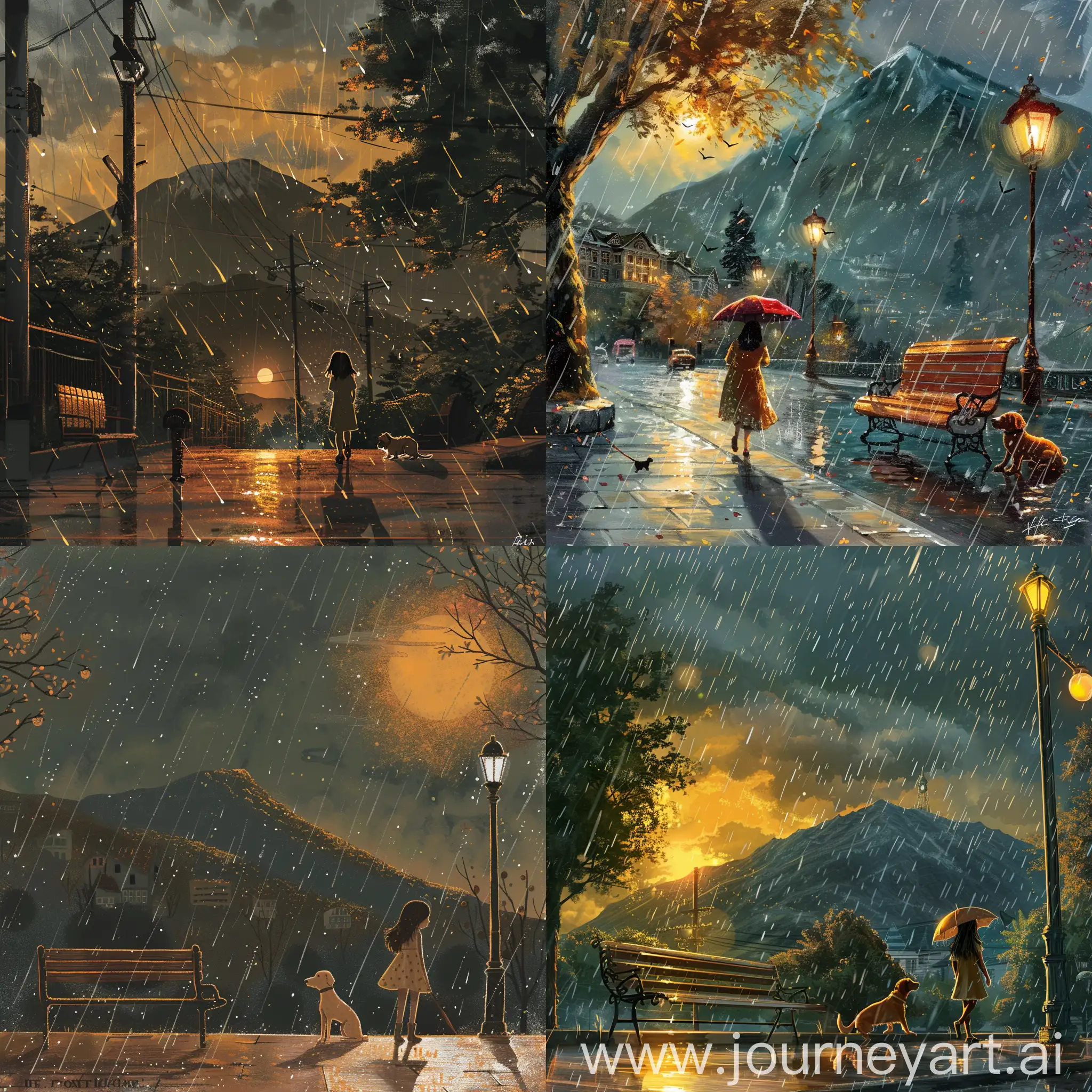 Girl-Walking-in-Rainy-Sunset-with-Dog-on-Boulevard-Bench