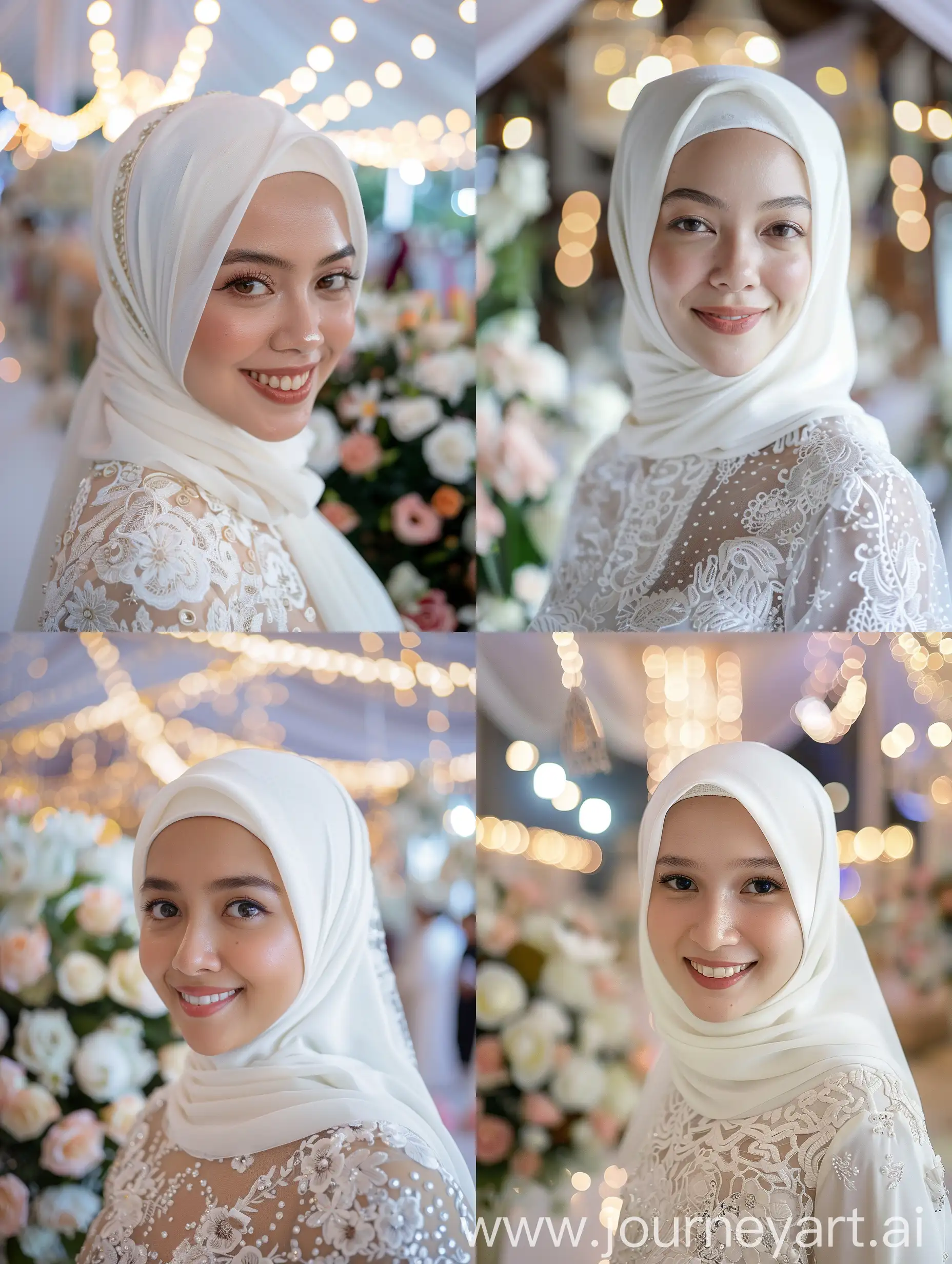 (8K, RAW Photo, Photography, Photorealistic, Realistic, Highest Quality, Intricate Detail), Medium photo of a 25 year old Indonesian woman wearing a white siger hijab, white Sundanese traditional dress, they smile facing the camera, her eyes look at the camera, the corners of her eyes are at the same level as wedding venue, there are flowers and lights